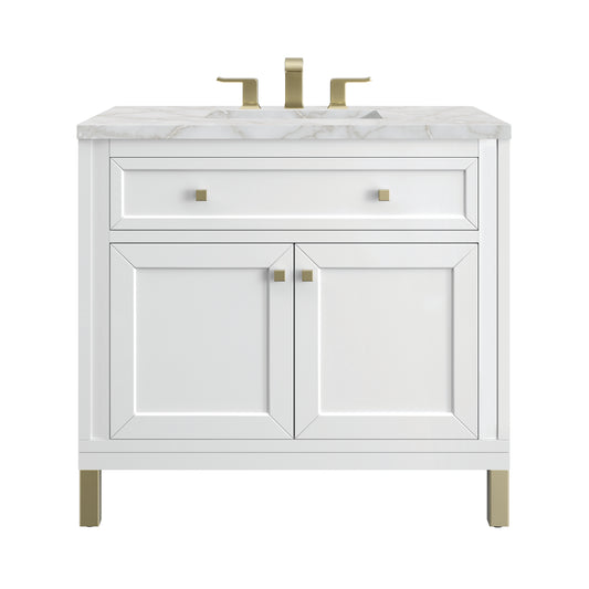 James Martin Vanities Chicago 36" Glossy White Single Vanity With 3cm Victorian Silver Silestone Top