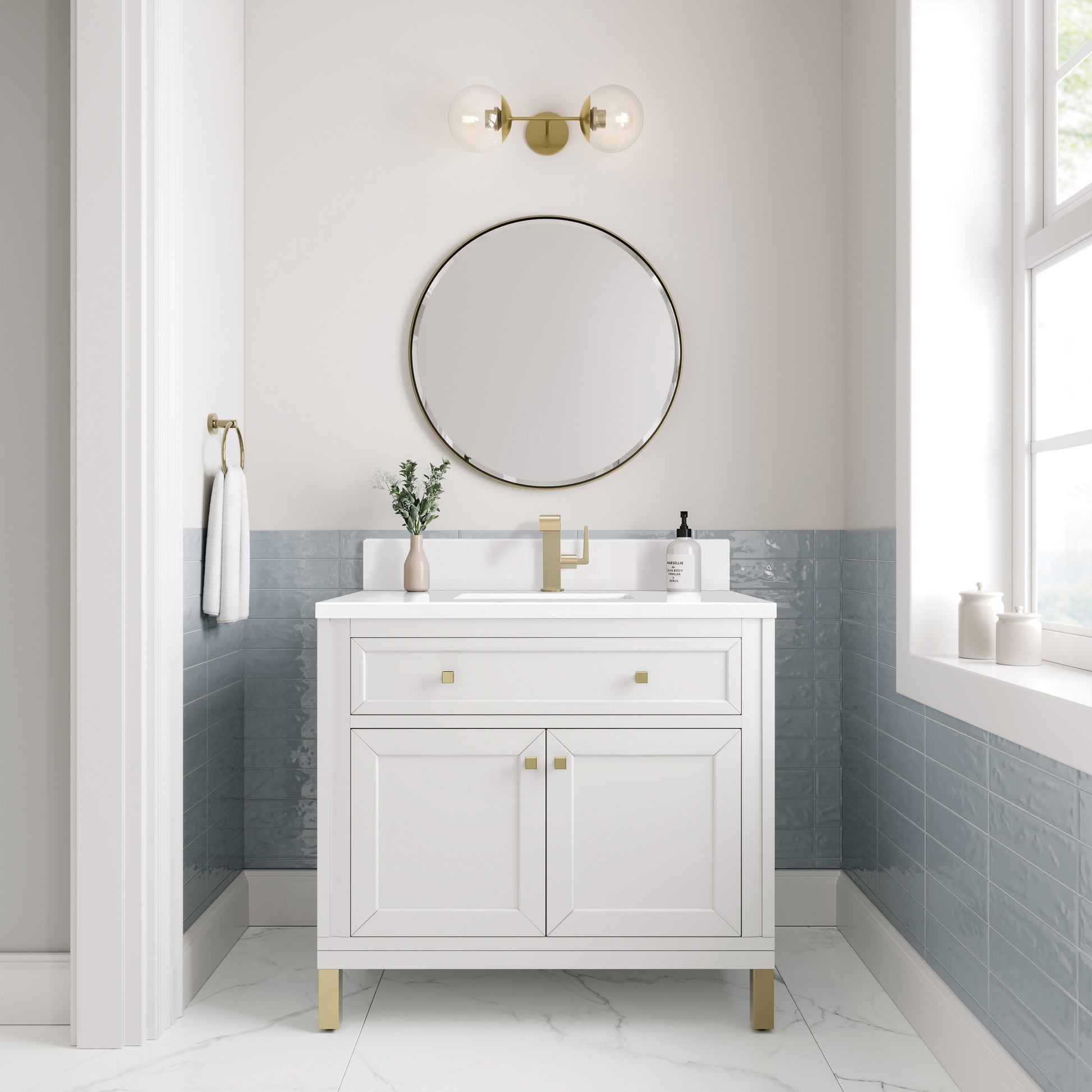 James Martin Vanities Chicago 36" Glossy White Single Vanity With Single Hole 3cm White Zeus Silestone Top and Backsplash