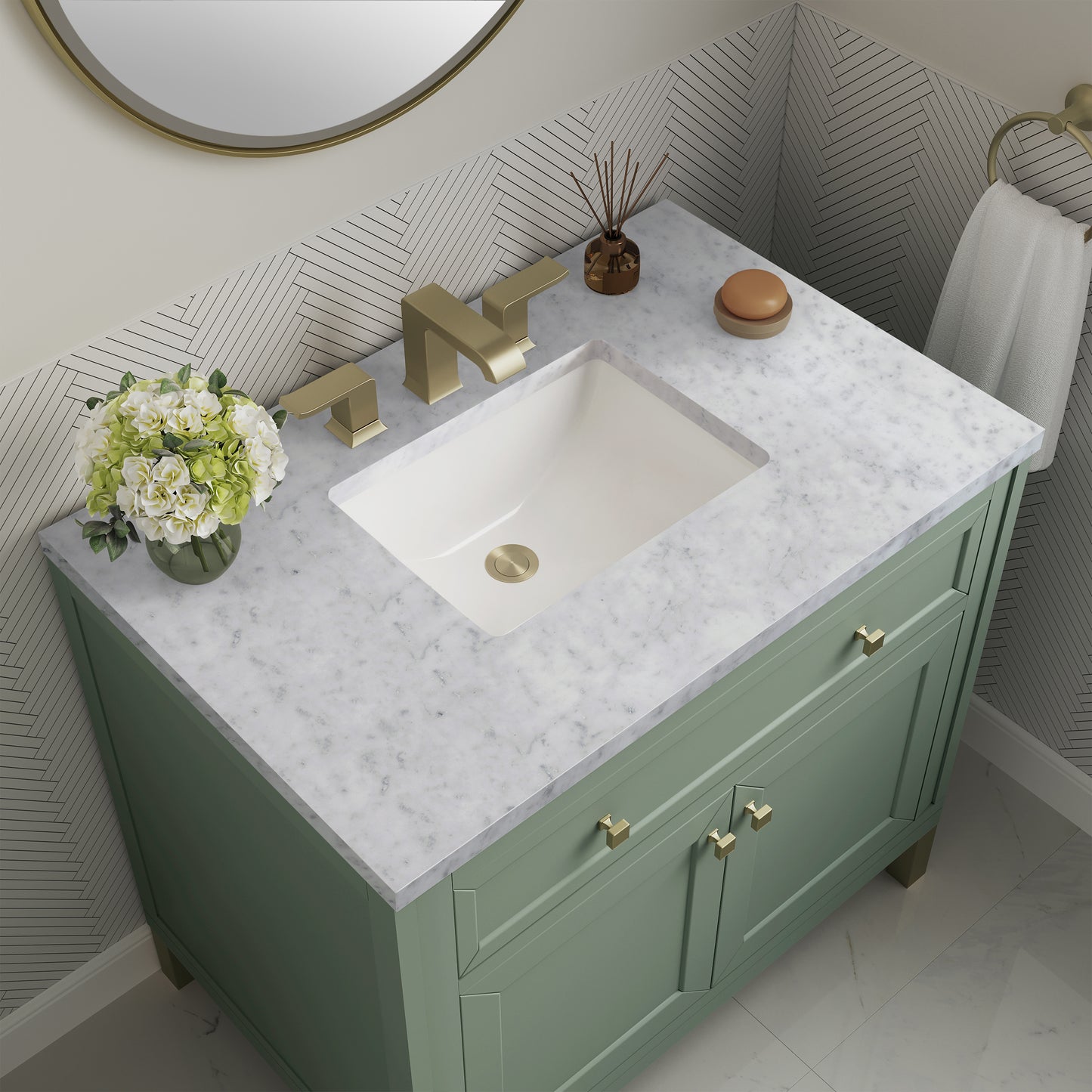 James Martin Vanities Chicago 36" Smokey Celadon Single Vanity With 3 cm Carrara Marble Top