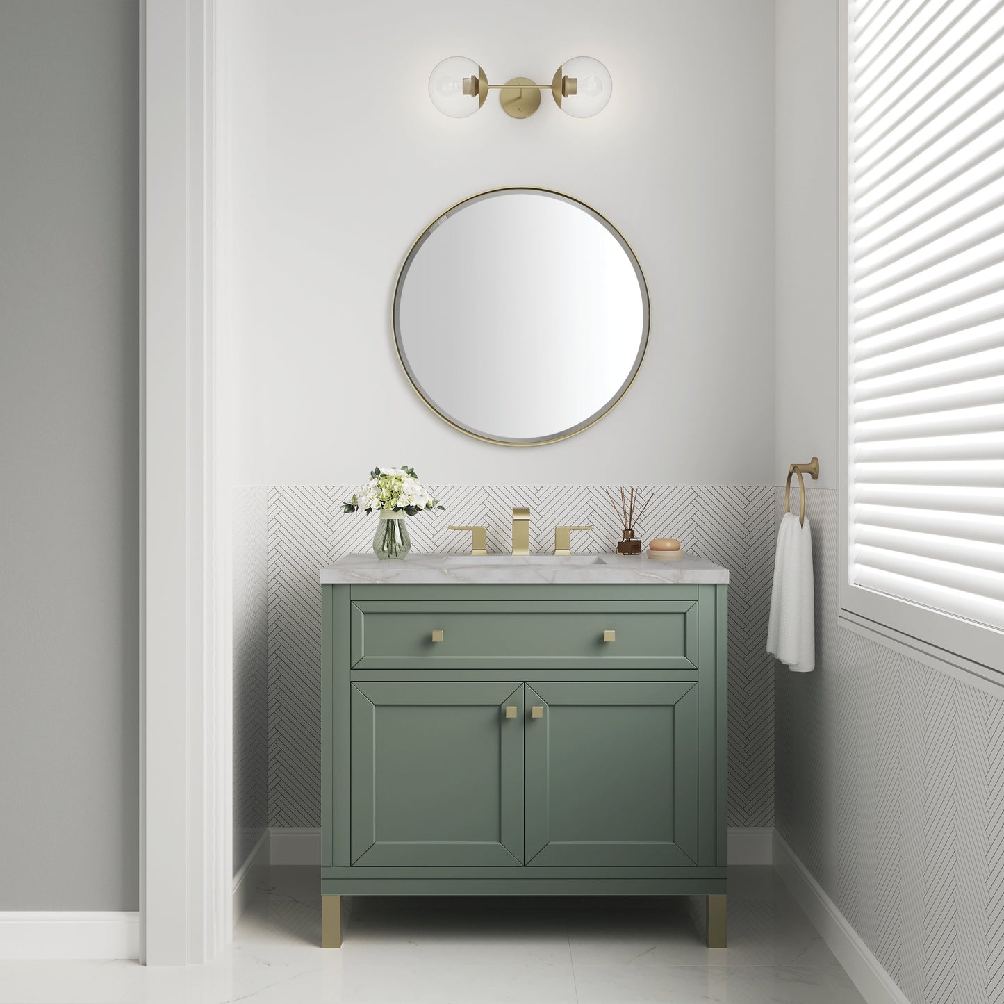 James Martin Vanities Chicago 36" Smokey Celadon Single Vanity With 3 cm Victorian Silver Top