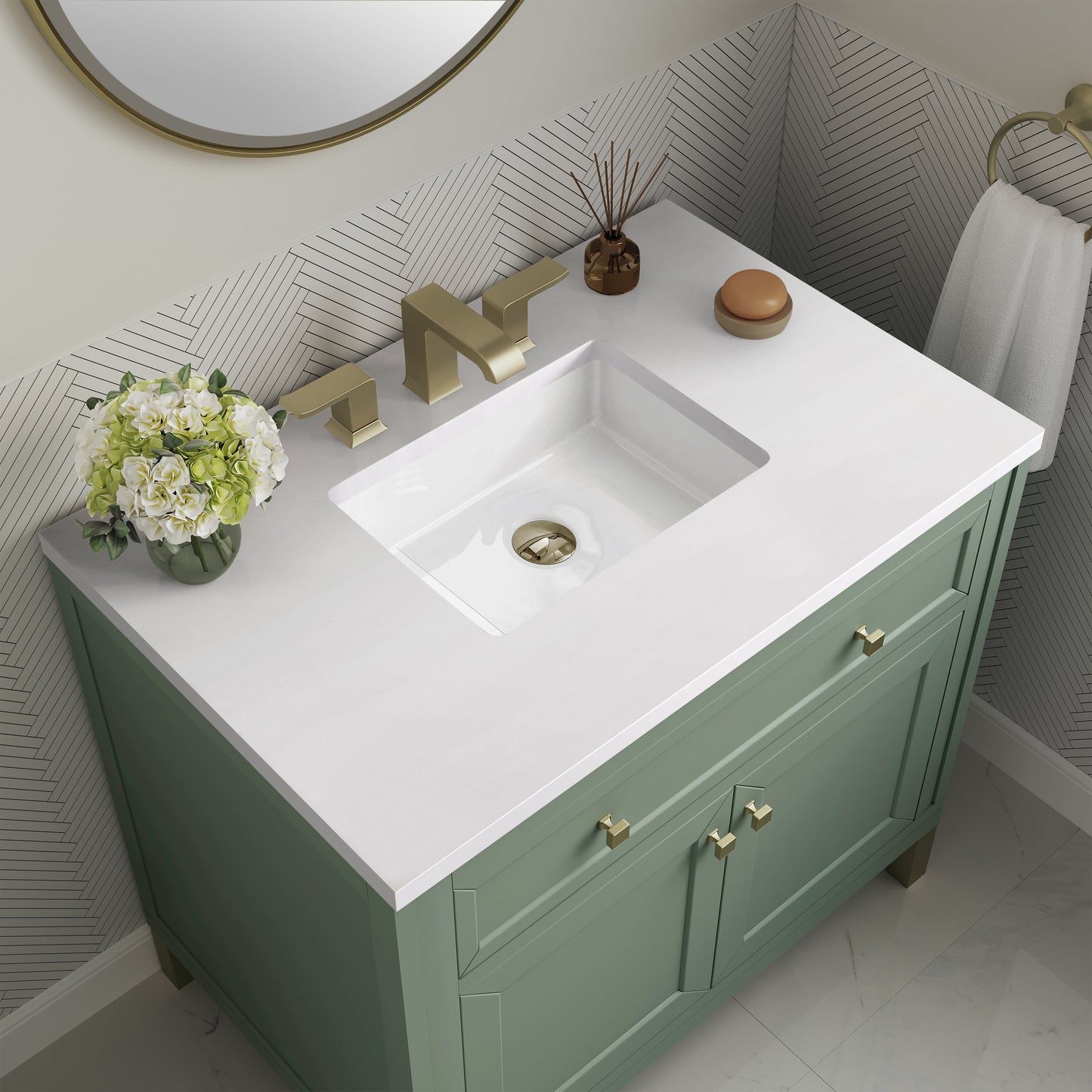 James Martin Vanities Chicago 36" Smokey Celadon Single Vanity With 3 cm White Zeus Top