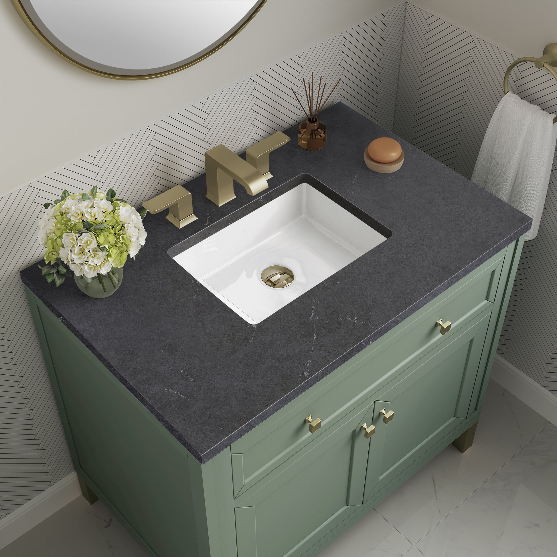 James Martin Vanities Chicago 36" Smokey Celadon Single Vanity With 3cm Charcoal Soapstone Silestone Top