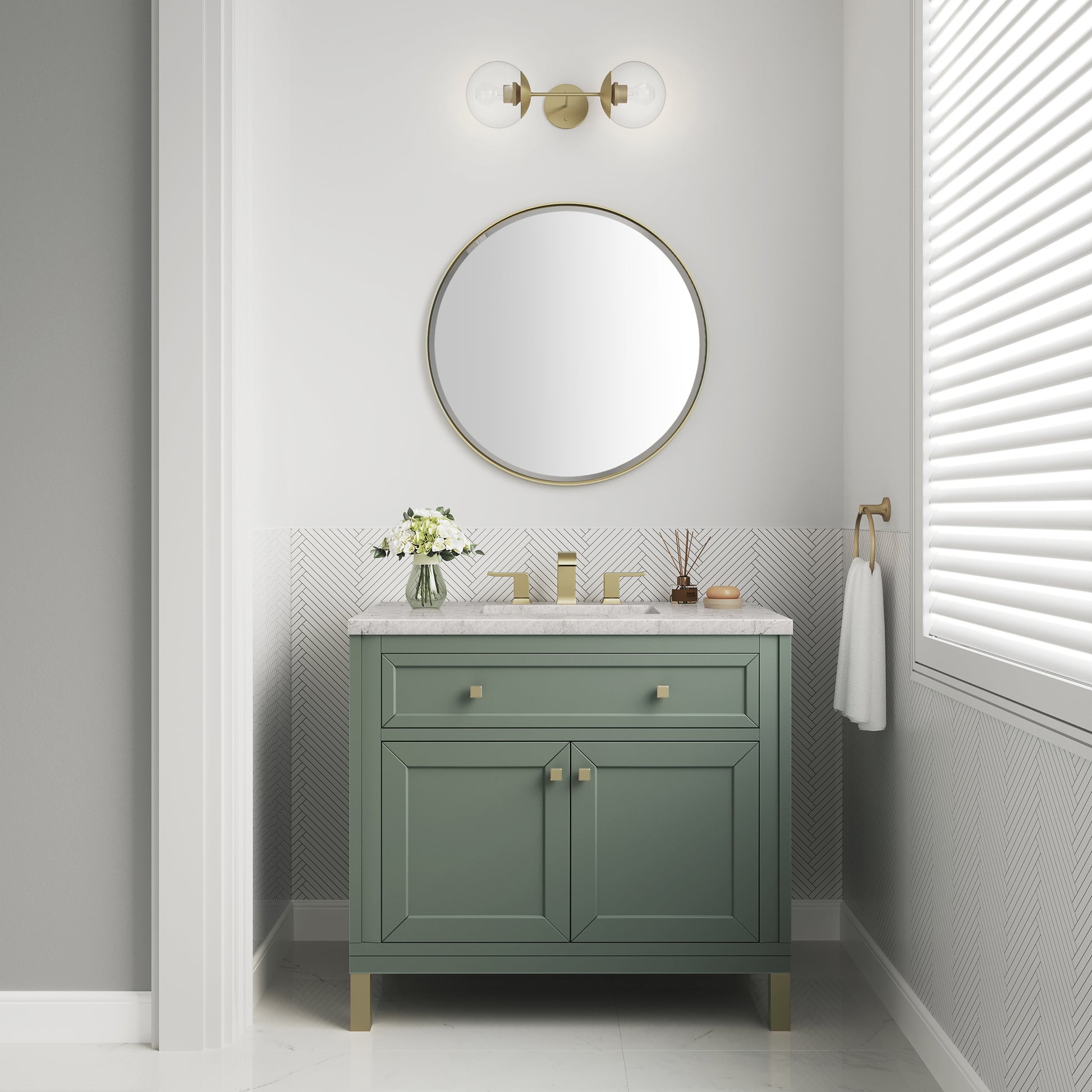 James Martin Vanities Chicago 36" Smokey Celadon Single Vanity With 3cm Eternal Jasmine Pearl Silestone Top