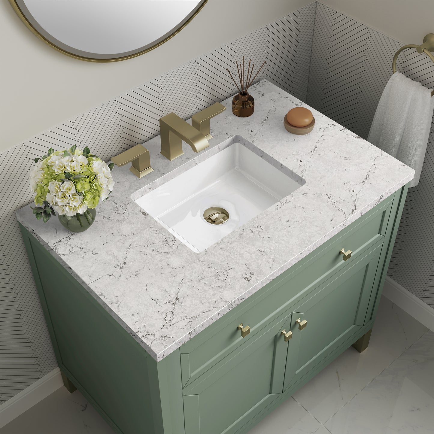 James Martin Vanities Chicago 36" Smokey Celadon Single Vanity With 3cm Eternal Jasmine Pearl Silestone Top