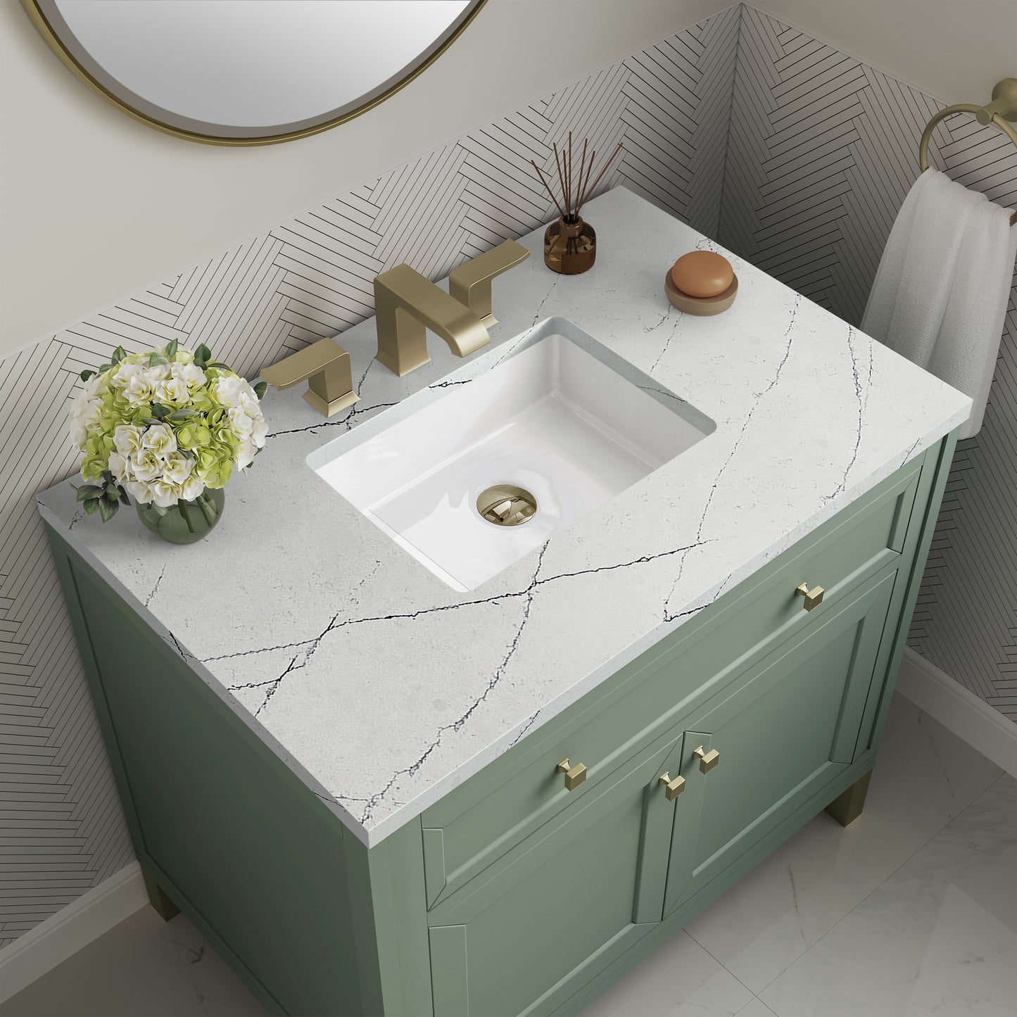 James Martin Vanities Chicago 36" Smokey Celadon Single Vanity With 3cm Ethereal Noctis Silestone Top
