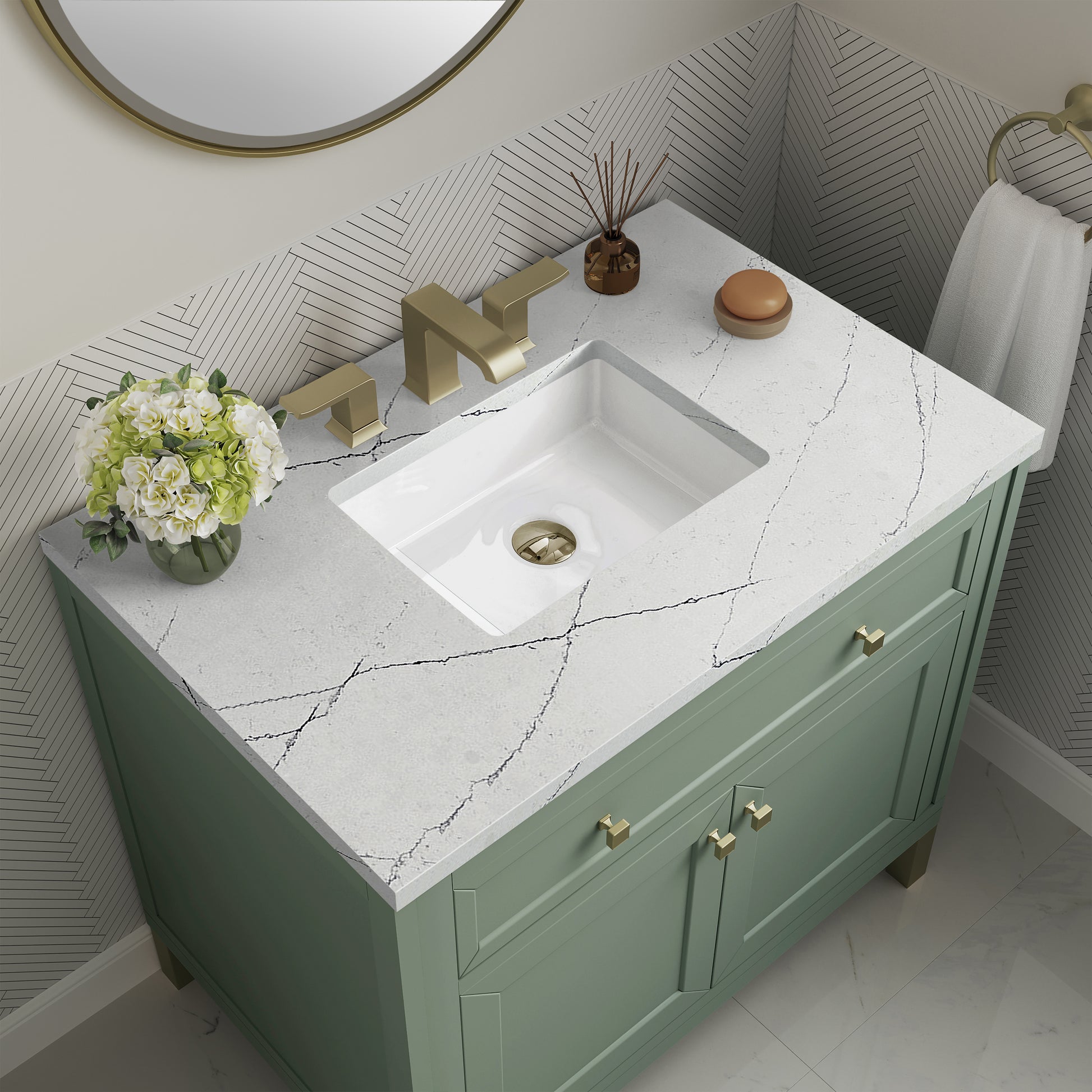 James Martin Vanities Chicago 36" Smokey Celadon Single Vanity With 3cm Ethereal Noctis Silestone Top