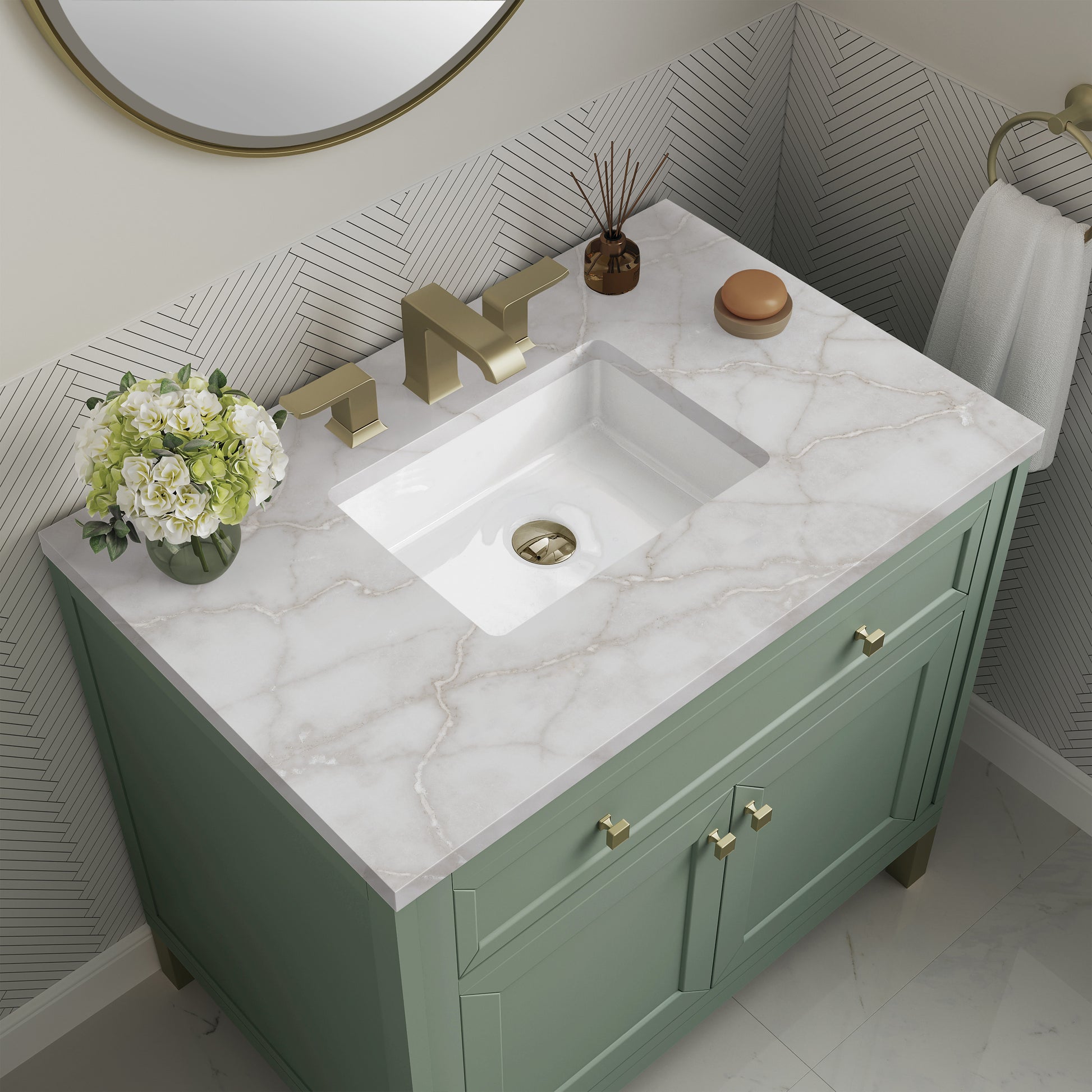 James Martin Vanities Chicago 36" Smokey Celadon Single Vanity With 3cm Victorian Silver Silestone Top