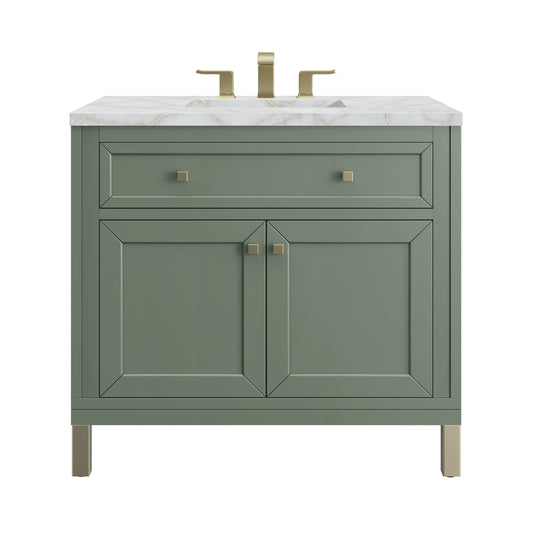 James Martin Vanities Chicago 36" Smokey Celadon Single Vanity With 3cm Victorian Silver Silestone Top