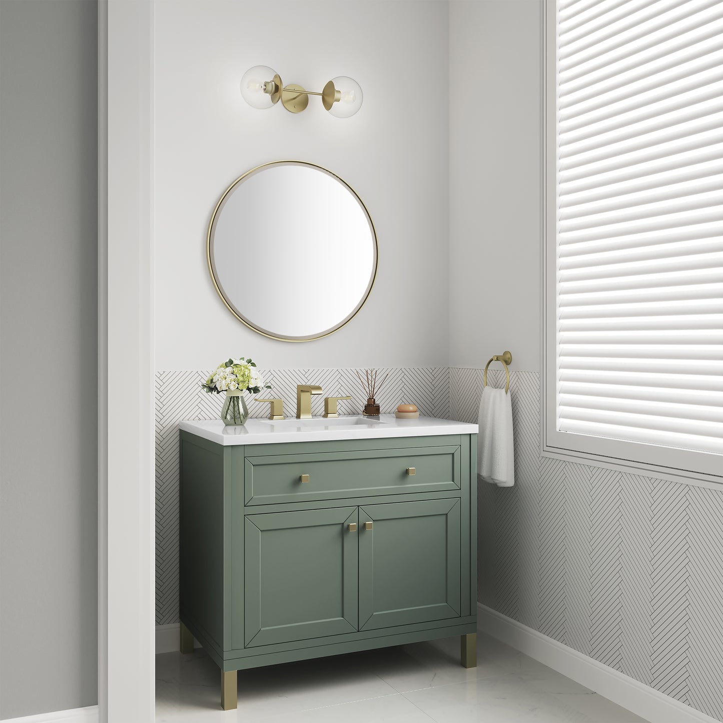 James Martin Vanities Chicago 36" Smokey Celadon Single Vanity With 3cm White Zeus Silestone Top