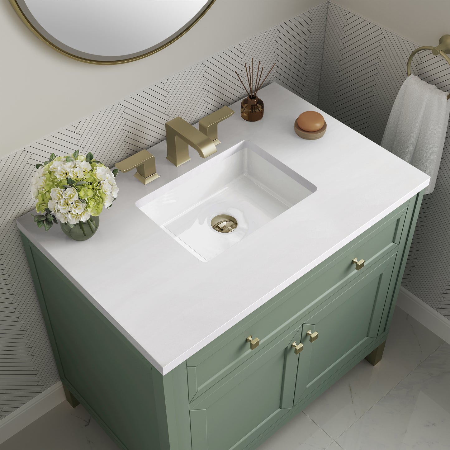 James Martin Vanities Chicago 36" Smokey Celadon Single Vanity With 3cm White Zeus Silestone Top