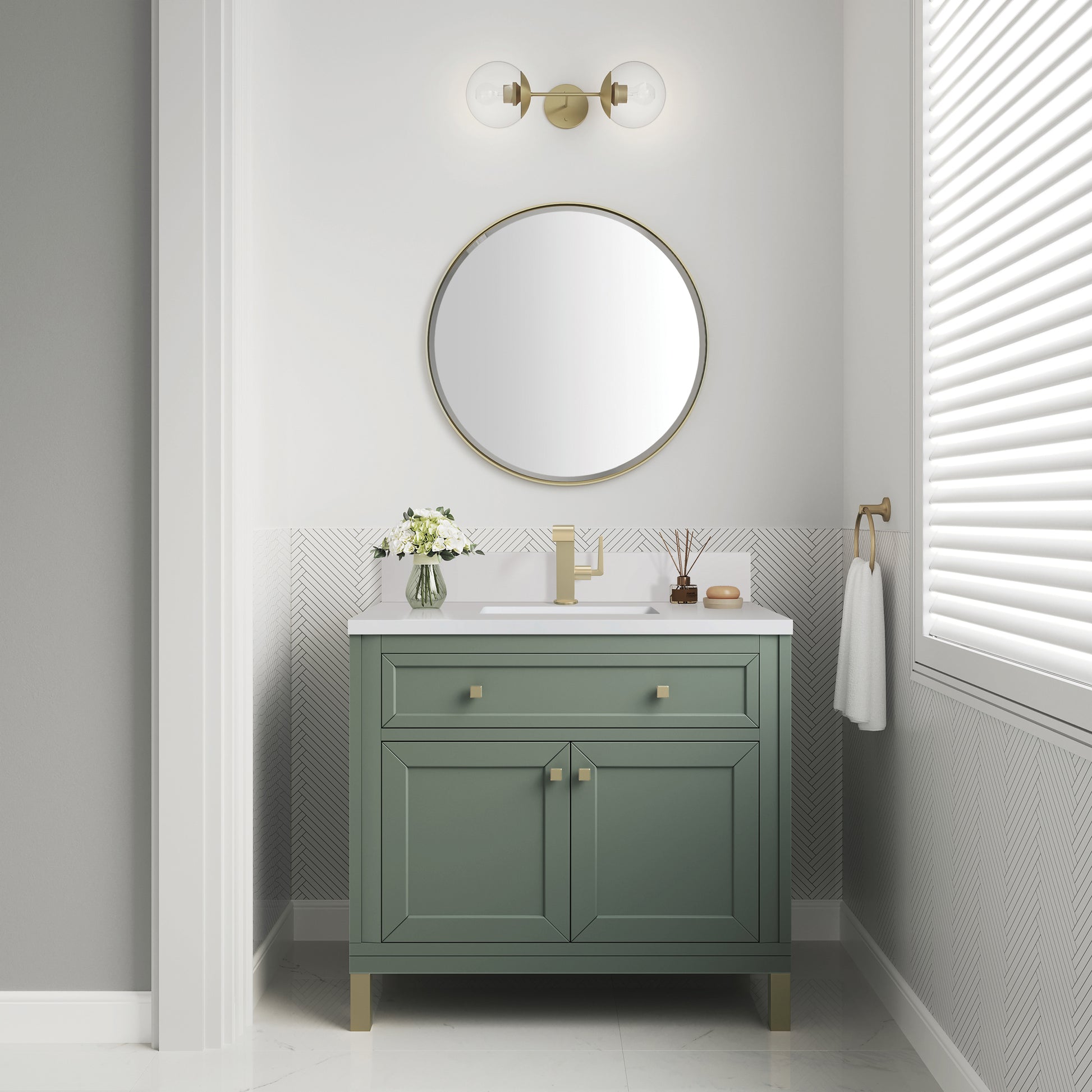 James Martin Vanities Chicago 36" Smokey Celadon Single Vanity With Single Hole 3cm White Zeus Silestone Top and Backsplash