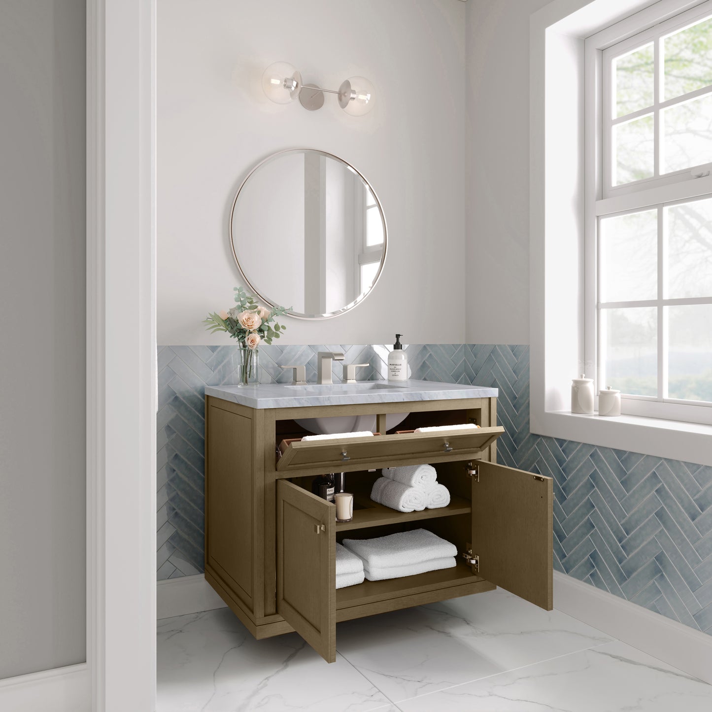 James Martin Vanities Chicago 36" Walnut Whisper Single Vanity With 3cm Carrara Marble Top