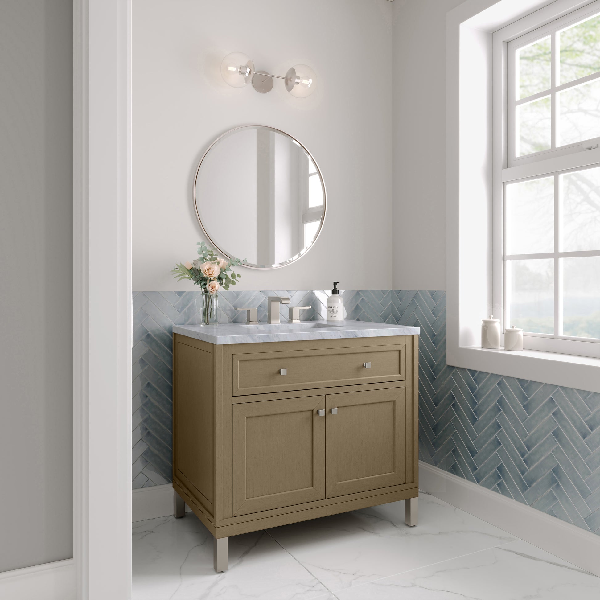James Martin Vanities Chicago 36" Walnut Whisper Single Vanity With 3cm Carrara Marble Top