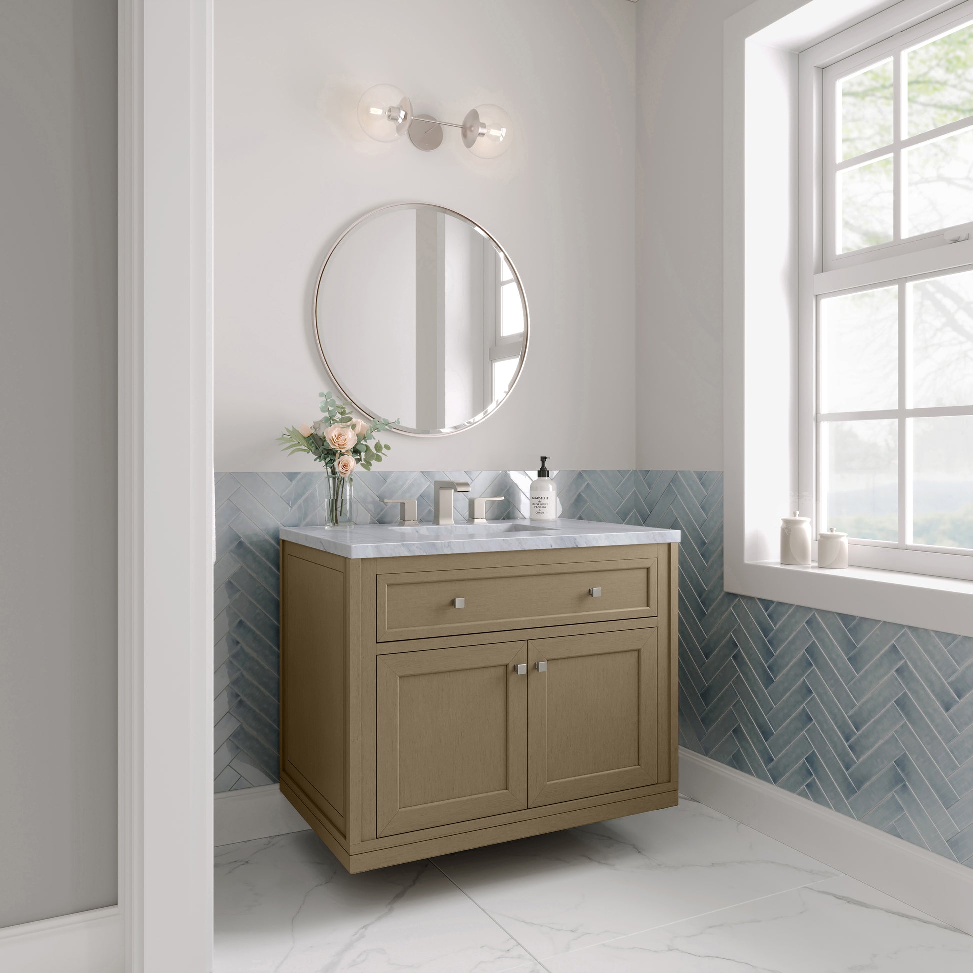 James Martin Vanities Chicago 36" Walnut Whisper Single Vanity With 3cm Carrara Marble Top