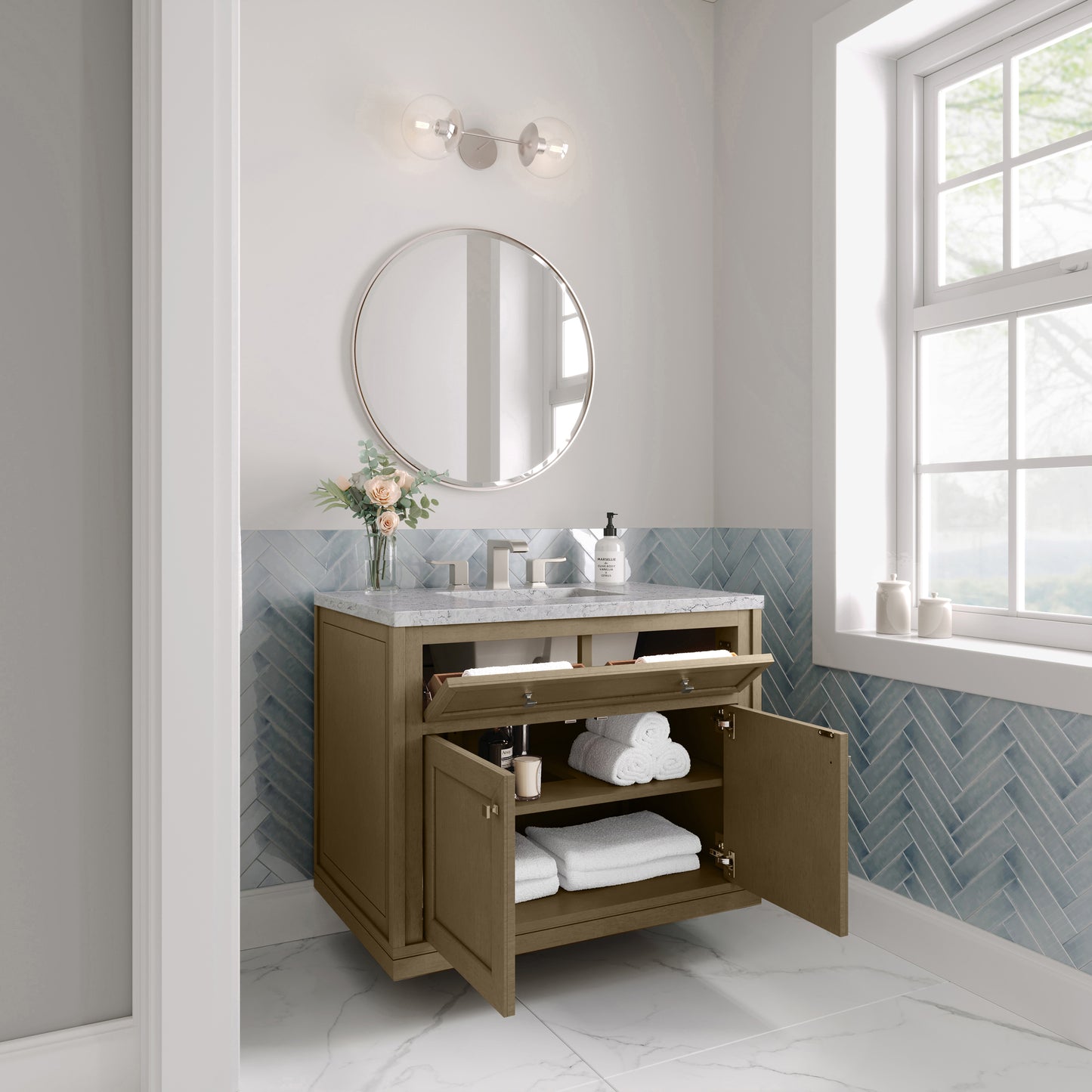 James Martin Vanities Chicago 36" Walnut Whisper Single Vanity With 3cm Eternal Jasmine Pearl Silestone Top