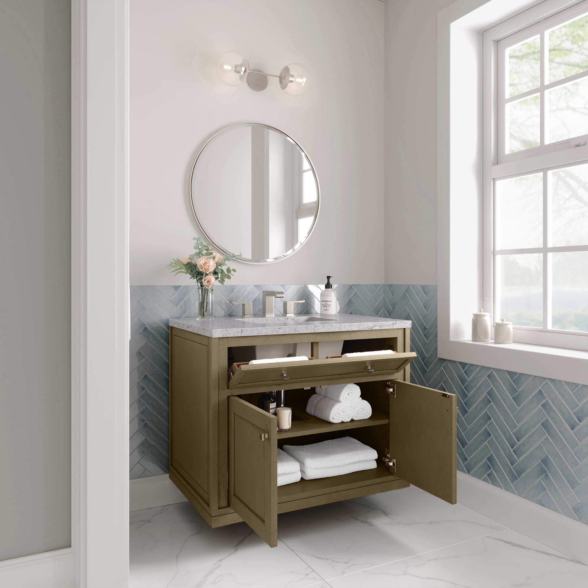 James Martin Vanities Chicago 36" Walnut Whisper Single Vanity With 3cm Eternal Jasmine Pearl Silestone Top