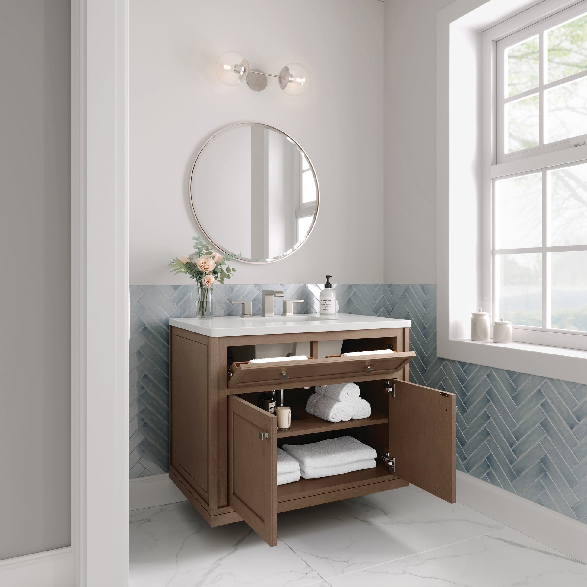 James Martin Vanities Chicago 36" Walnut Whisper Single Vanity With 3cm White Zeus Silestone Top