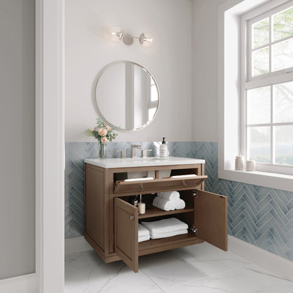 James Martin Vanities Chicago 36" Walnut Whisper Single Vanity With 3cm White Zeus Silestone Top
