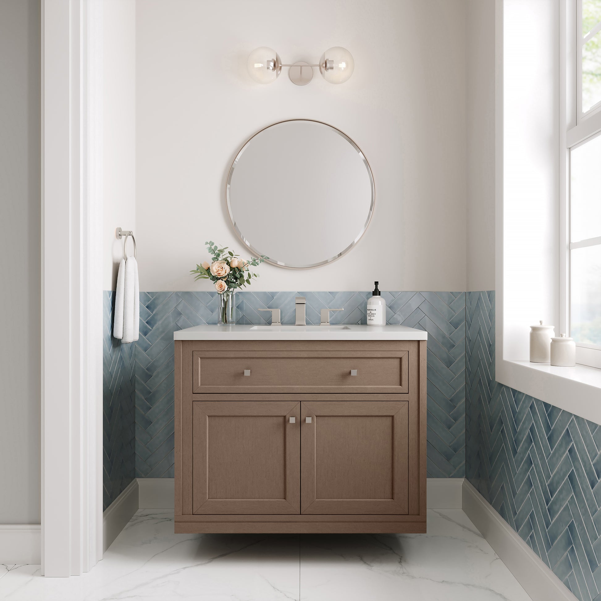 James Martin Vanities Chicago 36" Walnut Whisper Single Vanity With 3cm White Zeus Silestone Top