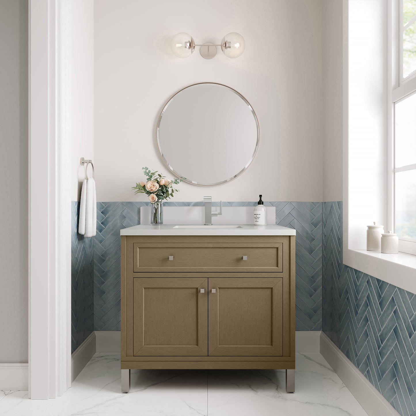 James Martin Vanities Chicago 36" Walnut Whisper Single Vanity With Single Hole 3cm White Zeus Silestone Top and Backsplash