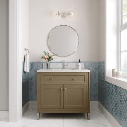 James Martin Vanities Chicago 36" Walnut Whisper Single Vanity With Single Hole 3cm White Zeus Silestone Top and Backsplash