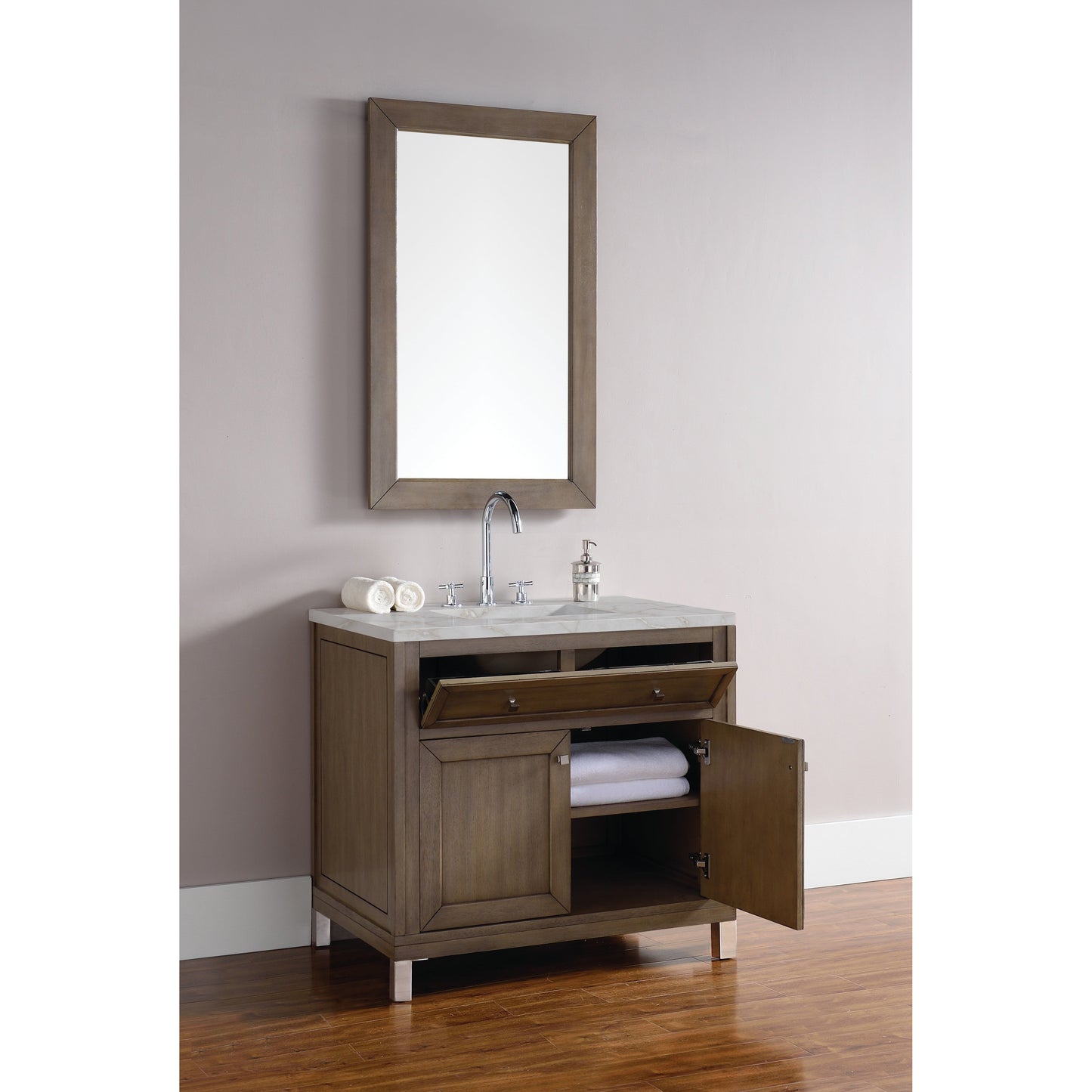 James Martin Vanities Chicago 36" Whitewashed Walnut Single Vanity With 3 cm Victorian Silver Quartz Top