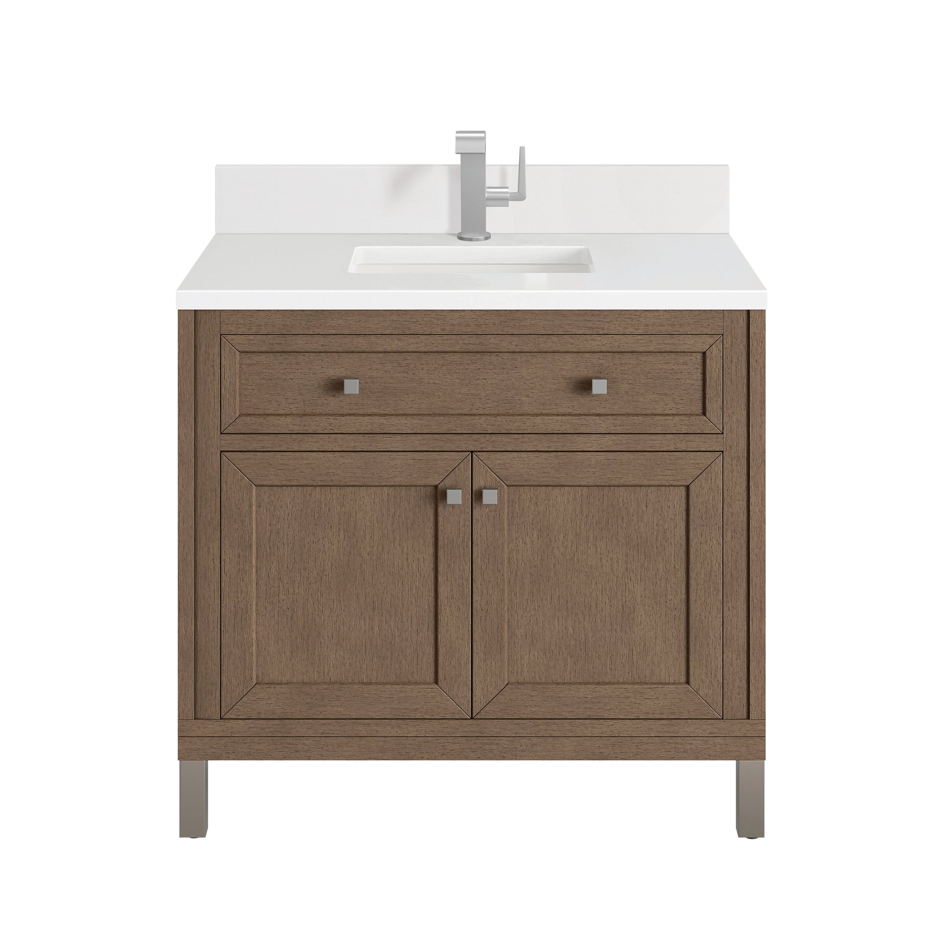 James Martin Vanities Chicago 36" Whitewashed Walnut Single Vanity With Single Hole 3 cm White Zeus Quartz Top & Backsplash