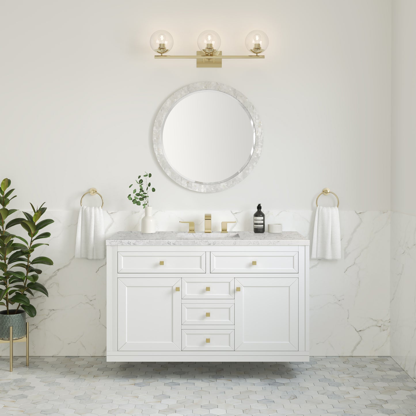 James Martin Vanities Chicago 48" Glossy White Single Vanity With 3 cm Eternal Jasmine Pearl Silestone Top and FreePower Wireless Charger