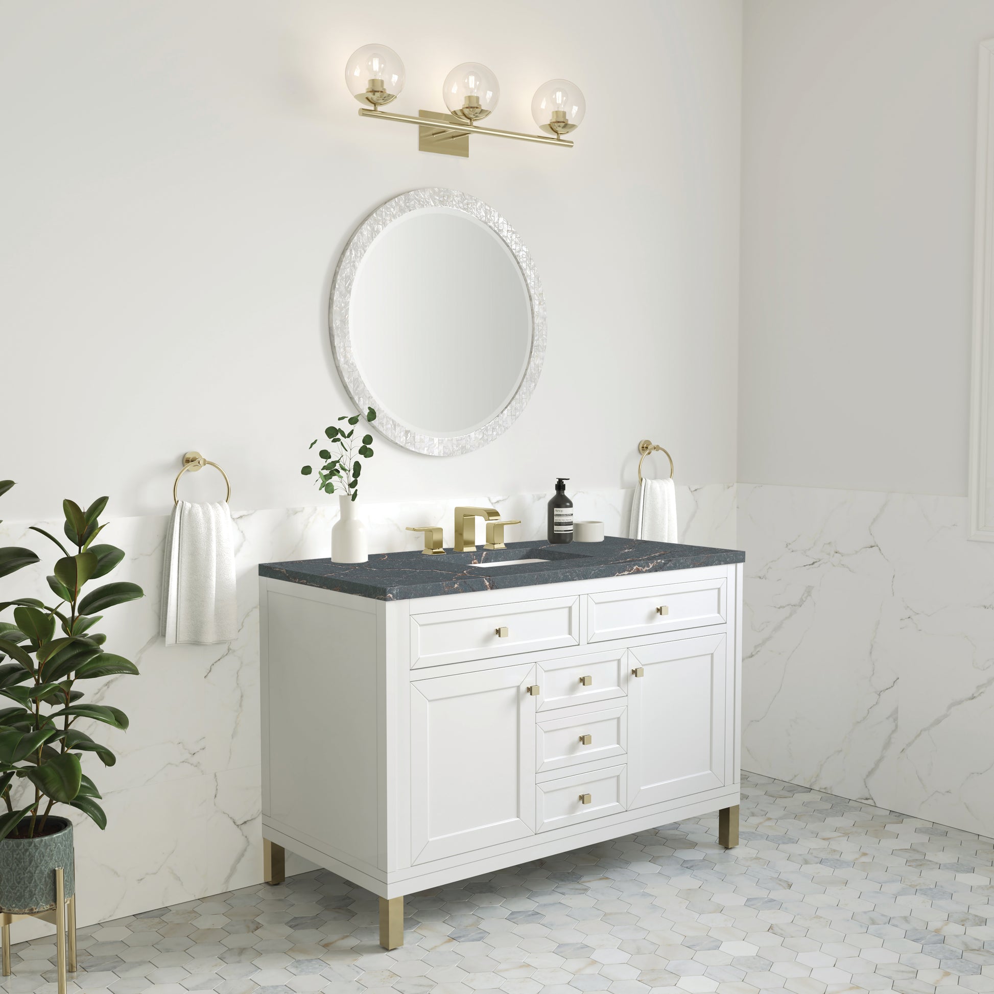 James Martin Vanities Chicago 48" Glossy White Single Vanity With 3 cm Parisien Bleu Silestone Top and FreePower Wireless Charger