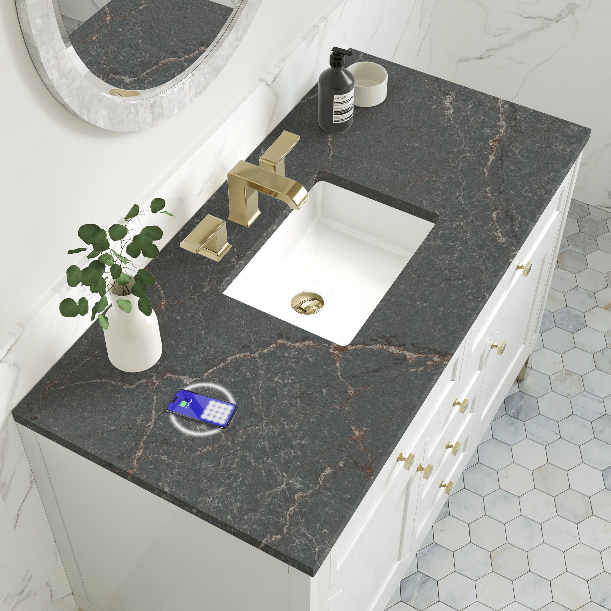 James Martin Vanities Chicago 48" Glossy White Single Vanity With 3 cm Parisien Bleu Silestone Top and FreePower Wireless Charger