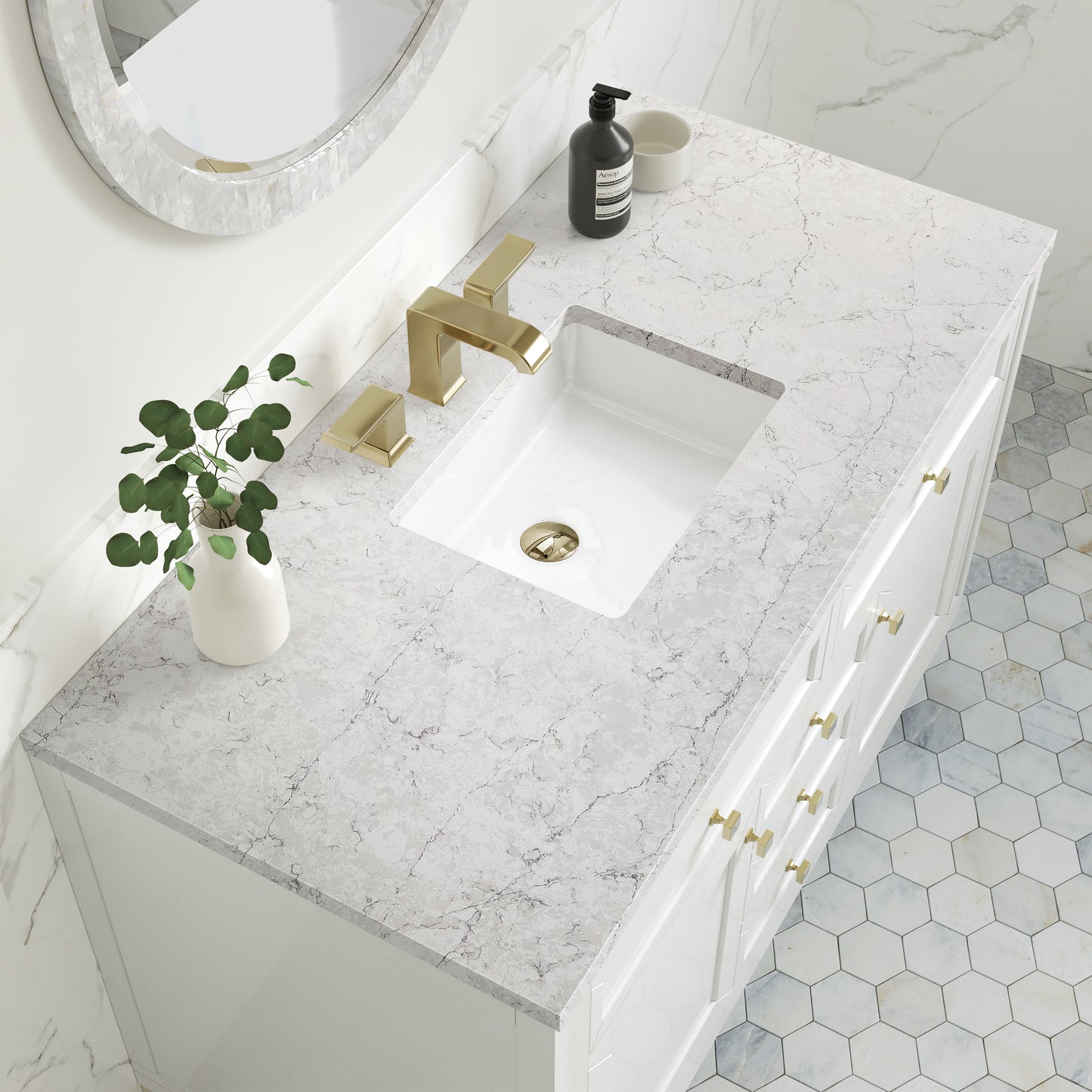 James Martin Vanities Chicago 48" Glossy White Single Vanity With 3cm Eternal Jasmine Pearl Silestone Top