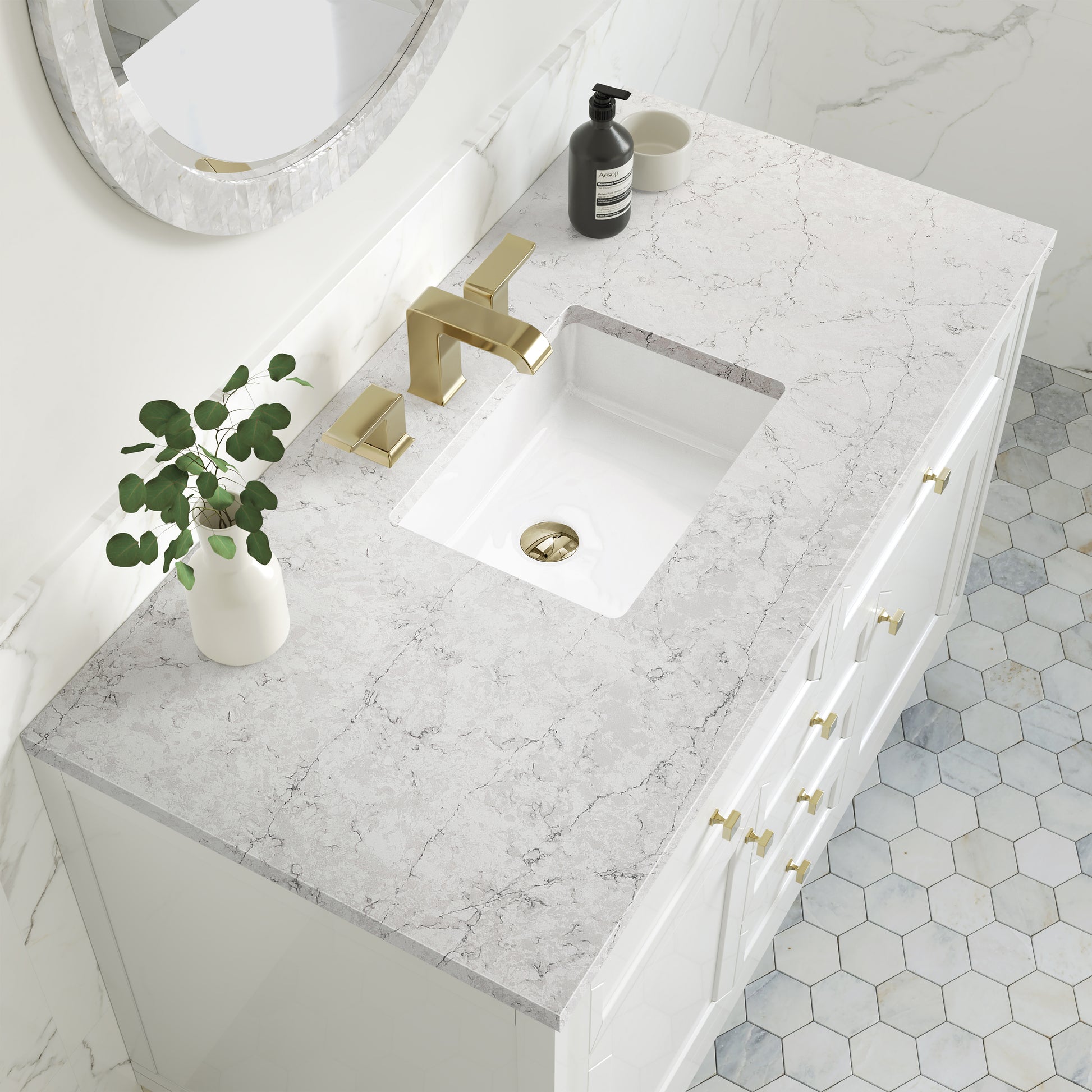 James Martin Vanities Chicago 48" Glossy White Single Vanity With 3cm Eternal Jasmine Pearl Silestone Top
