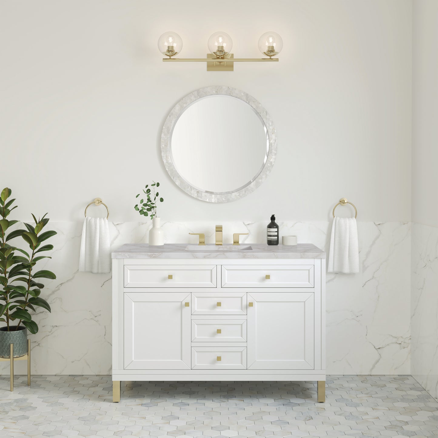 James Martin Vanities Chicago 48" Glossy White Single Vanity With 3cm Victorian Silver Silestone Top
