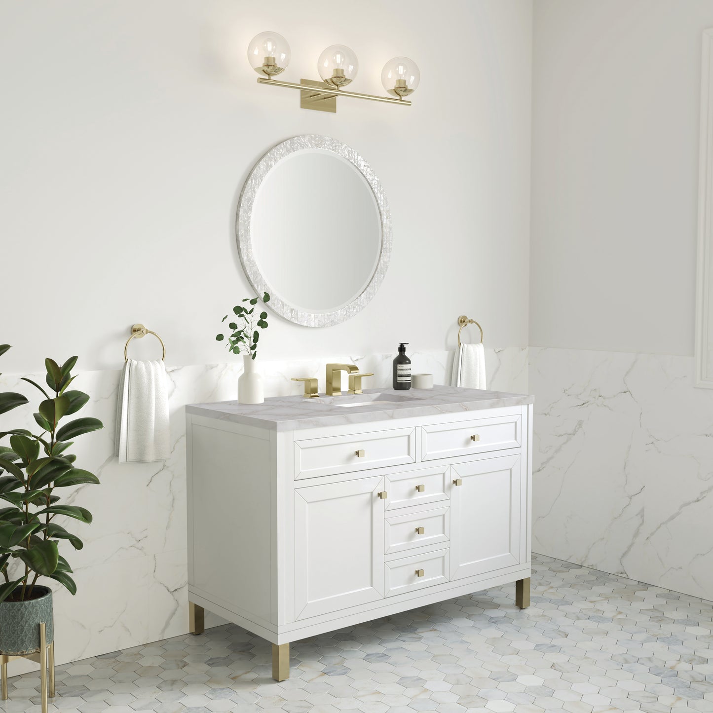 James Martin Vanities Chicago 48" Glossy White Single Vanity With 3cm Victorian Silver Silestone Top