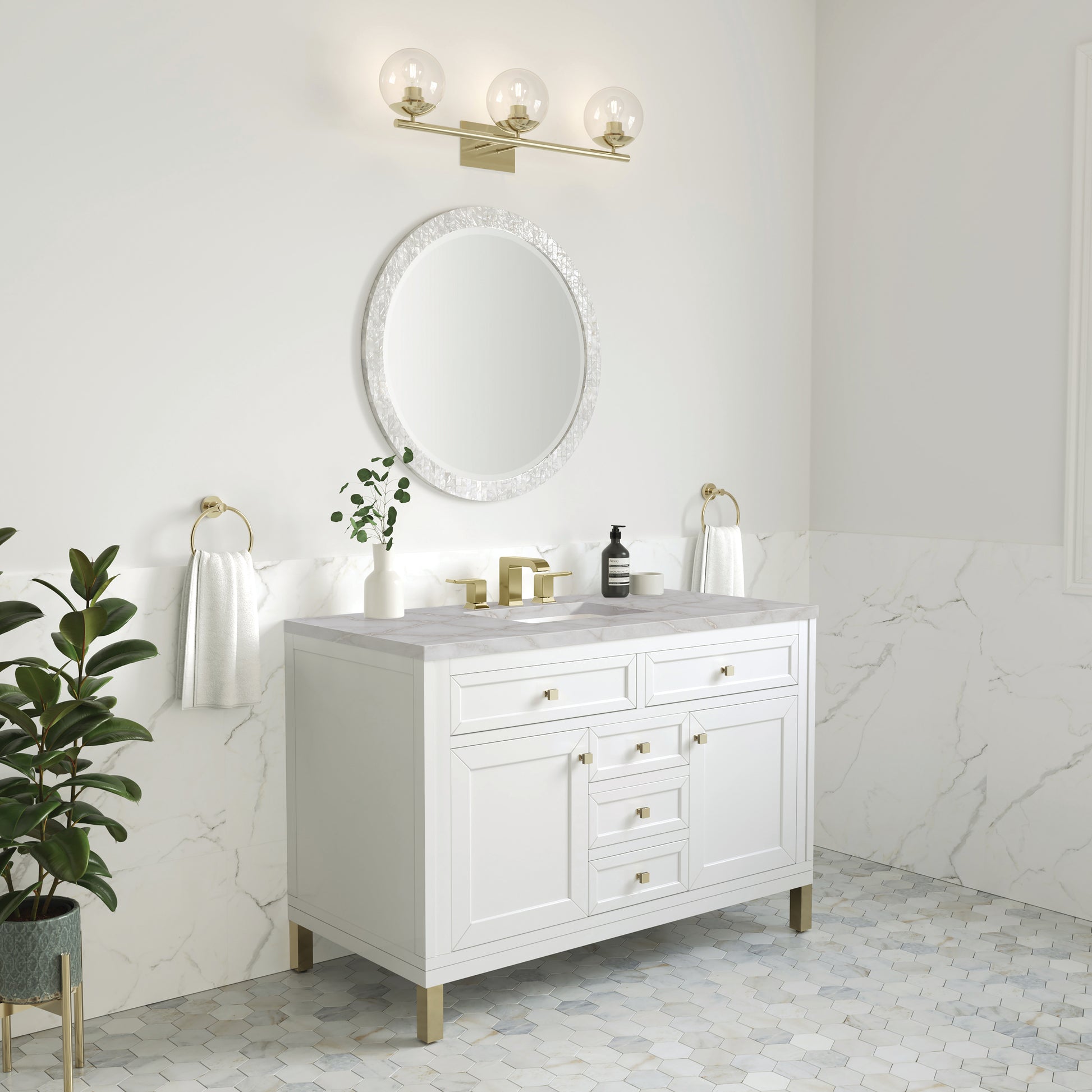 James Martin Vanities Chicago 48" Glossy White Single Vanity With 3cm Victorian Silver Silestone Top
