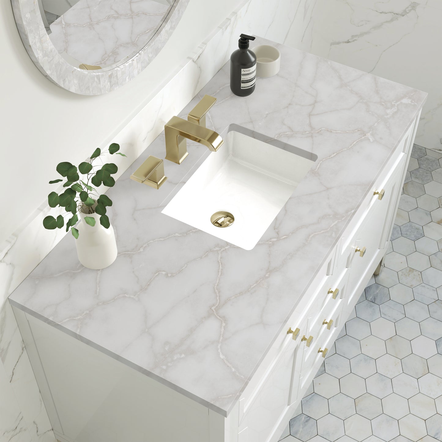 James Martin Vanities Chicago 48" Glossy White Single Vanity With 3cm Victorian Silver Silestone Top