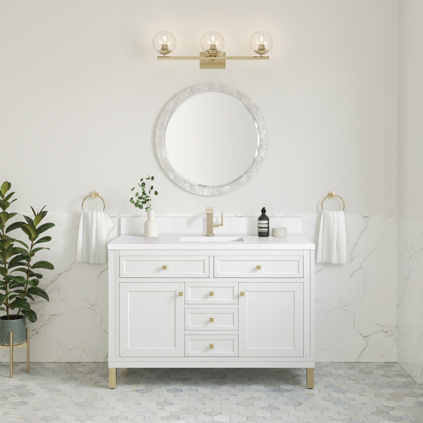 James Martin Vanities Chicago 48" Glossy White Single Vanity With Single Hole 3cm White Zeus Silestone Top and Backsplash