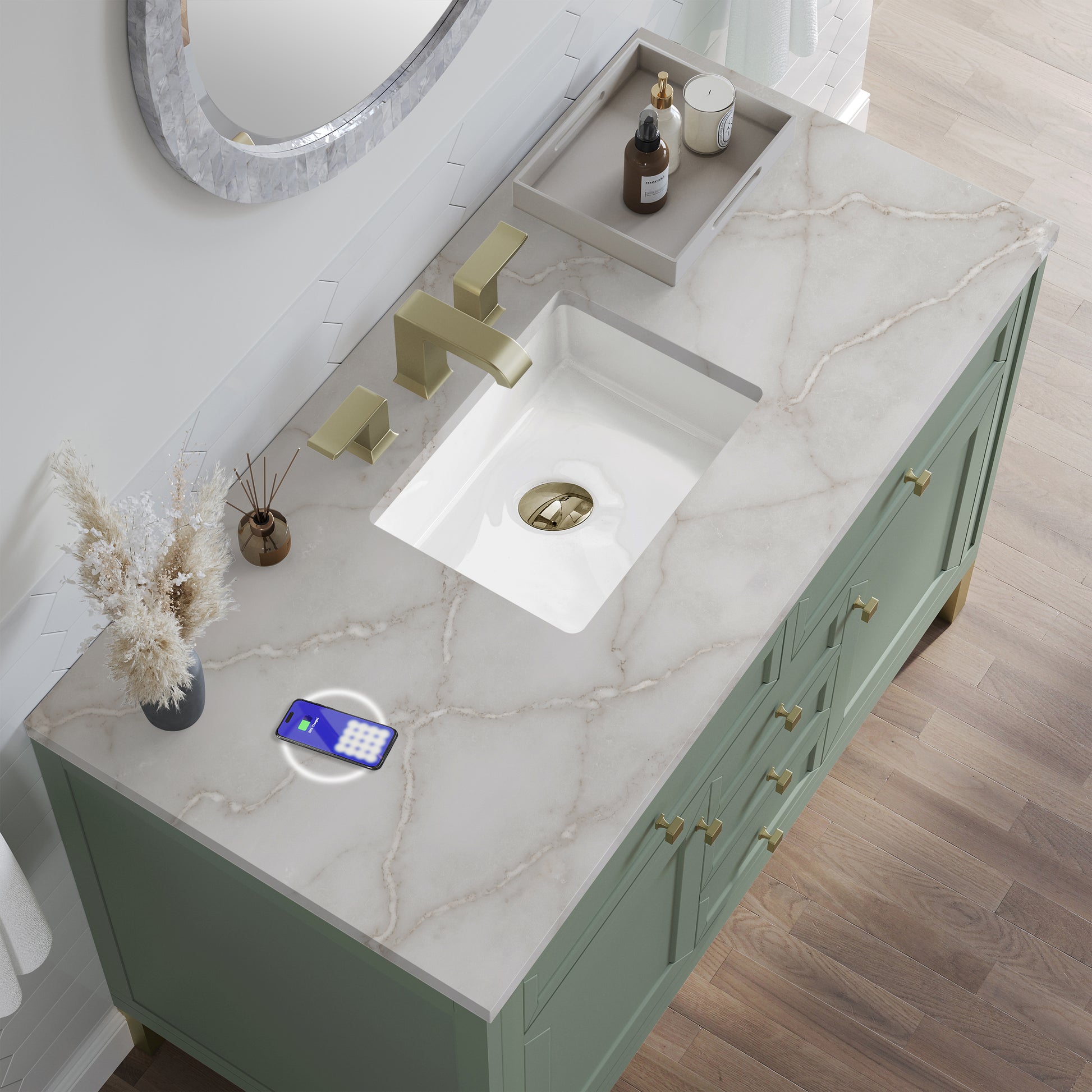 James Martin Vanities Chicago 48" Smokey Celadon Single Vanity With 3 cm Victorian Silver Silestone Top and FreePower Wireless Charger