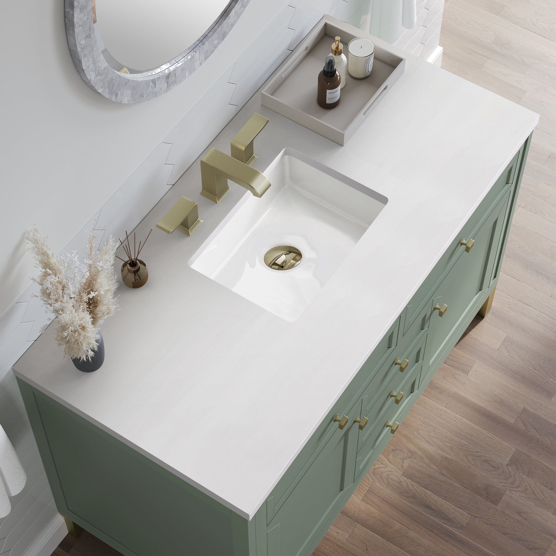 James Martin Vanities Chicago 48" Smokey Celadon Single Vanity With 3cm White Zeus Silestone Top
