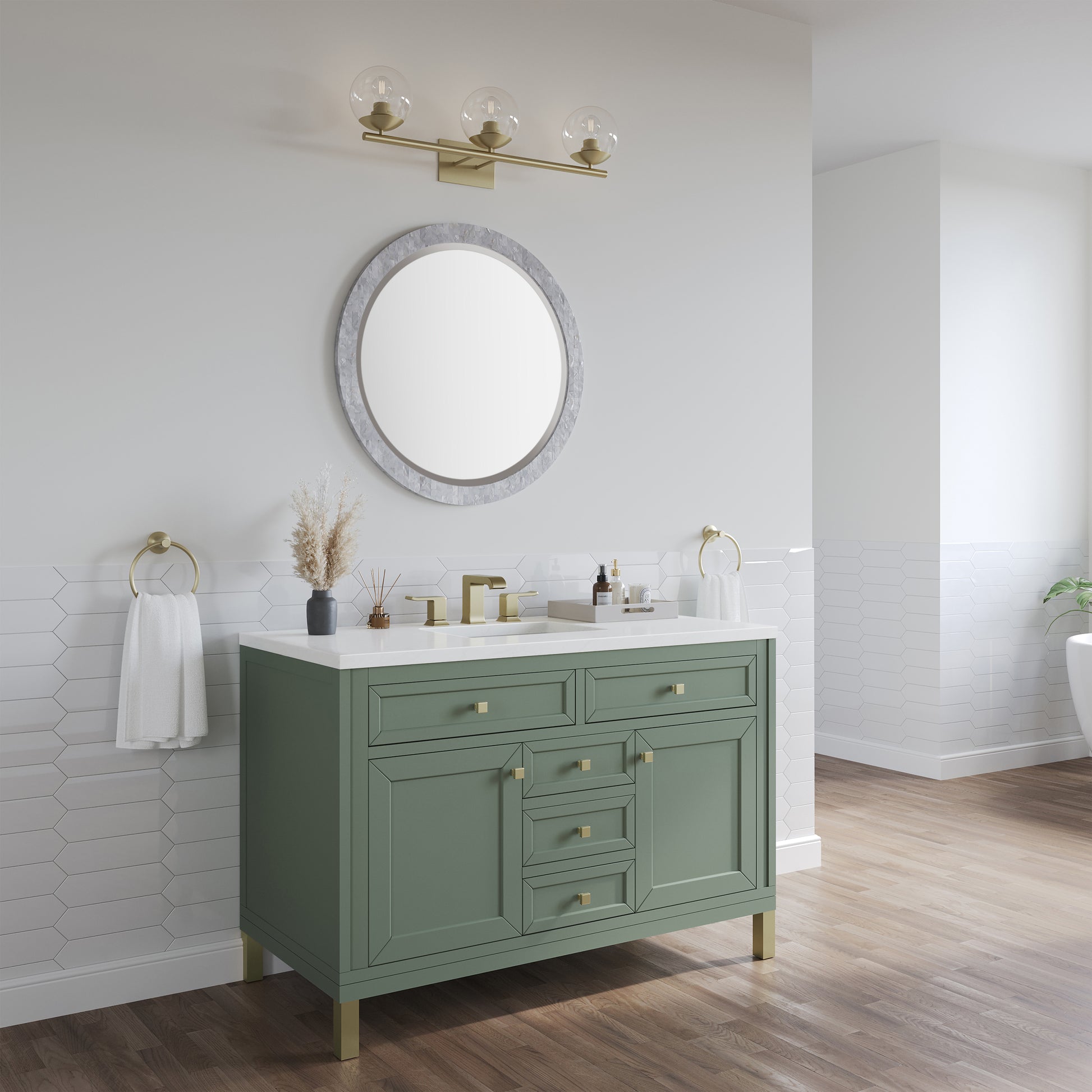 James Martin Vanities Chicago 48" Smokey Celadon Single Vanity With 3cm White Zeus Silestone Top