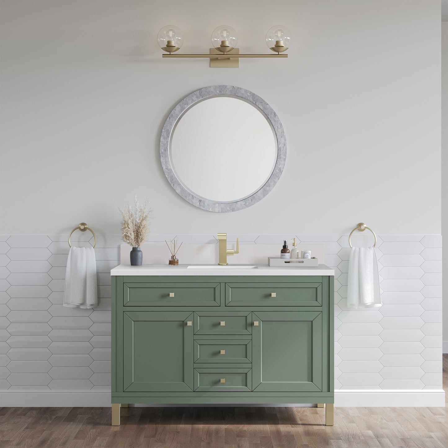 James Martin Vanities Chicago 48" Smokey Celadon Single Vanity With Single Hole 3cm White Zeus Silestone Top and Backsplash