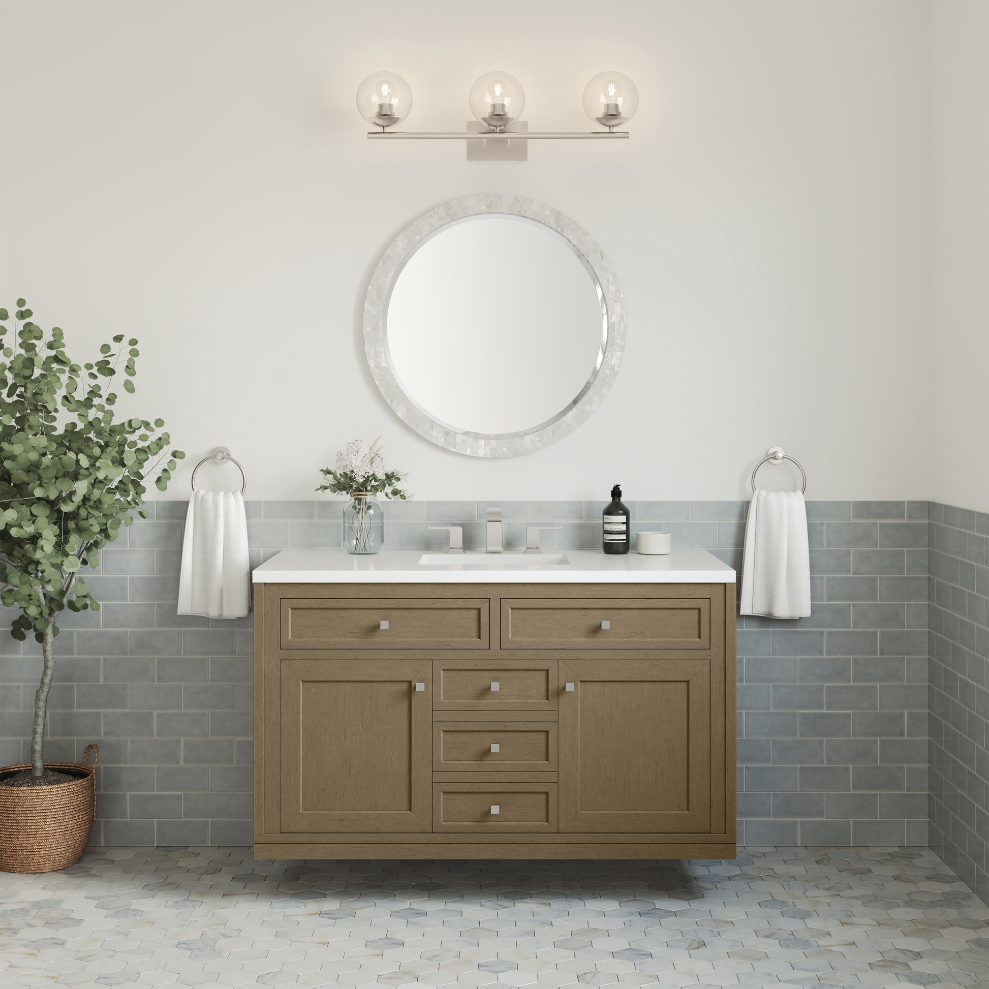 James Martin Vanities Chicago 48" Walnut Whisper Single Vanity With 3cm White Zeus Silestone Top