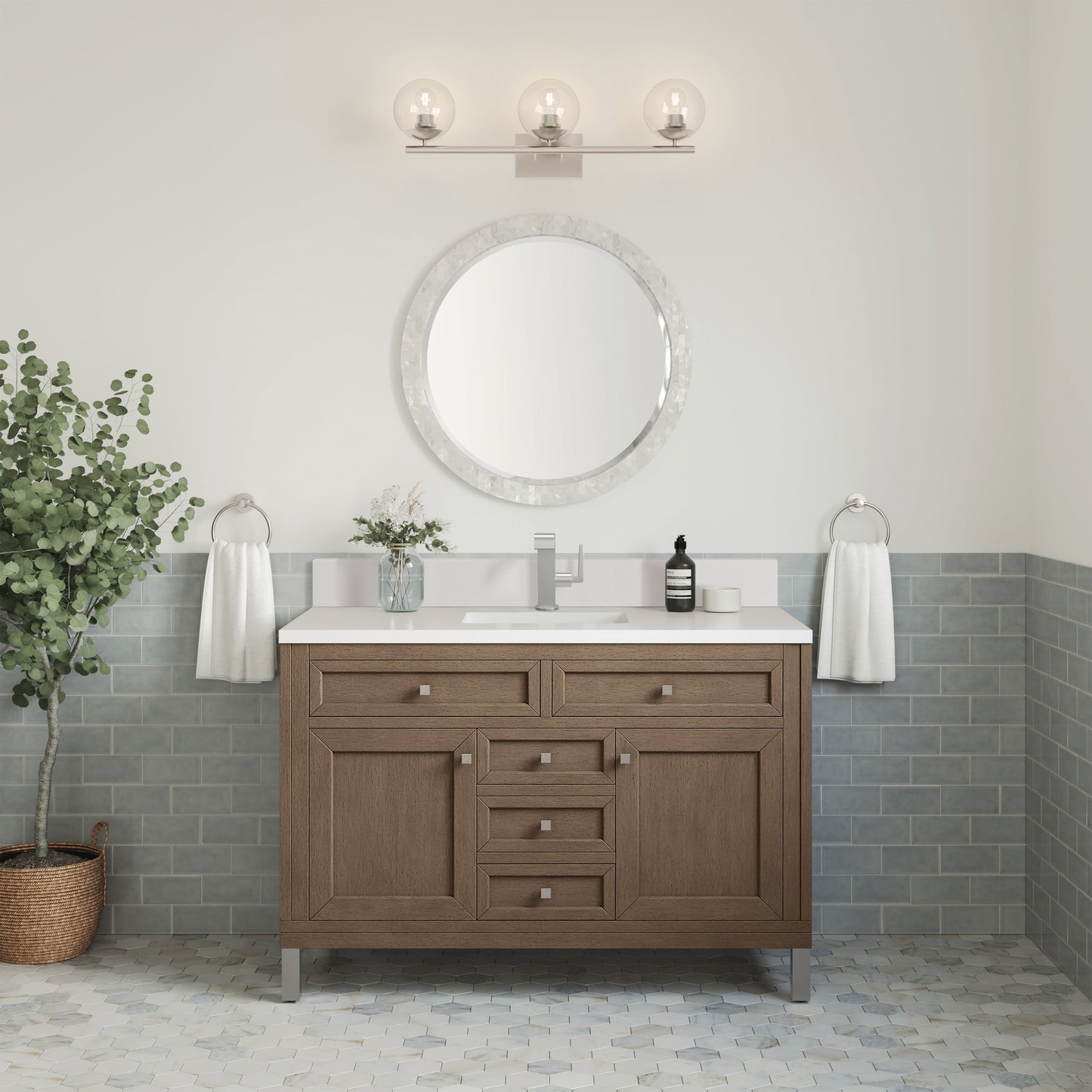 James Martin Vanities Chicago 48" Whitewashed Walnut Single Vanity With Single Hole 3 cm White Zeus Quartz Top & Backsplash