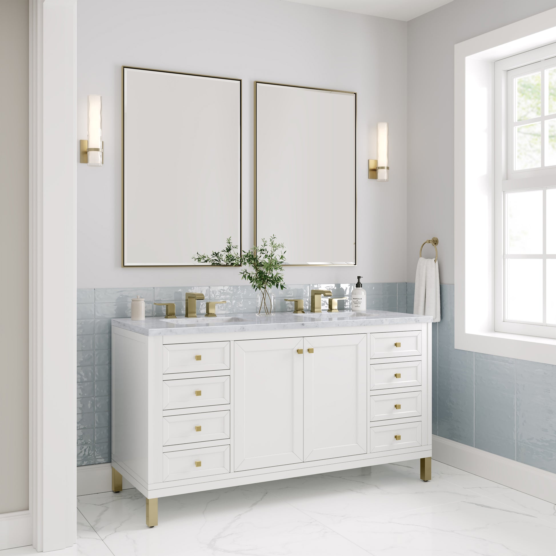 James Martin Vanities Chicago 60" Glossy White Double Vanity With 3 cm Carrara Marble Top