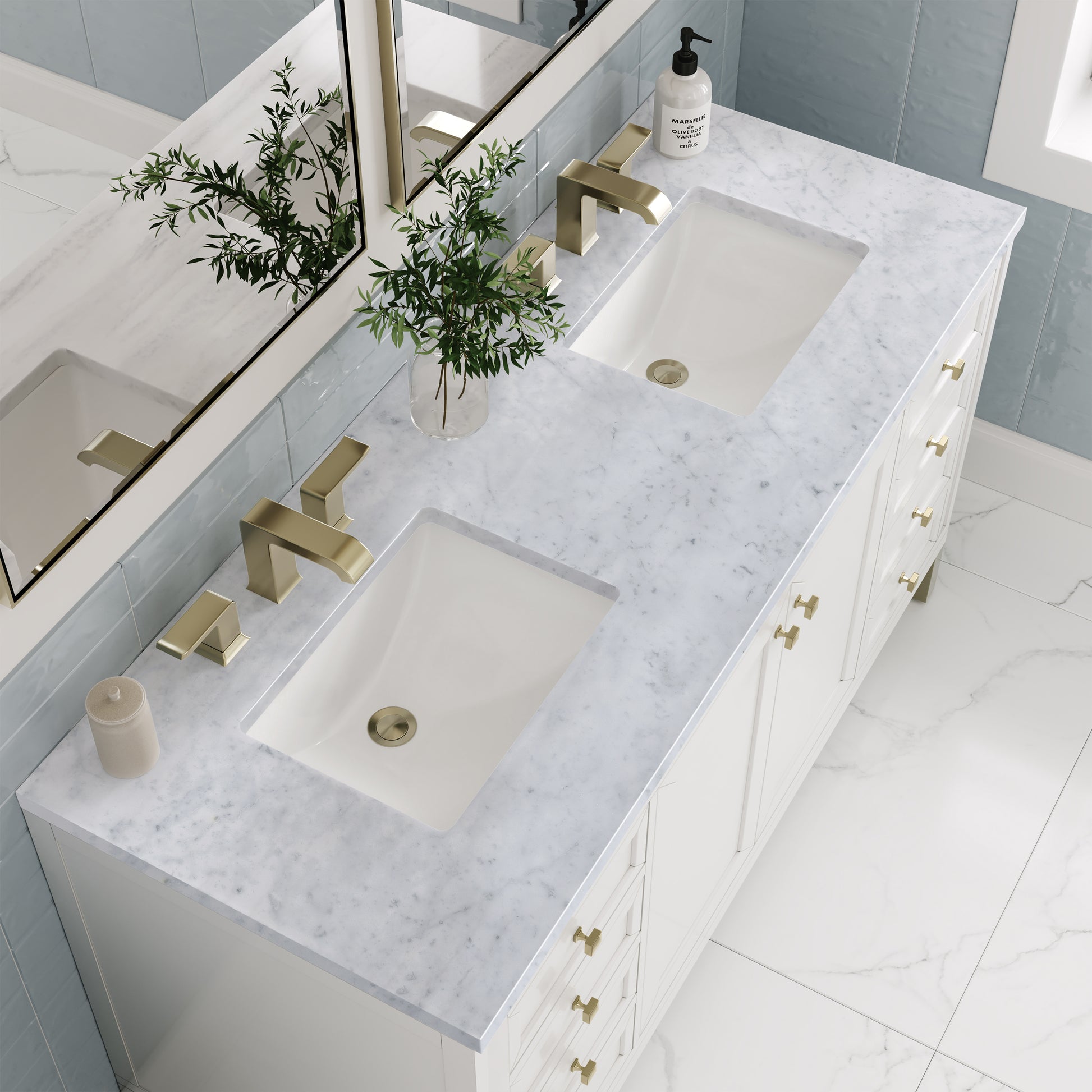 James Martin Vanities Chicago 60" Glossy White Double Vanity With 3 cm Carrara Marble Top