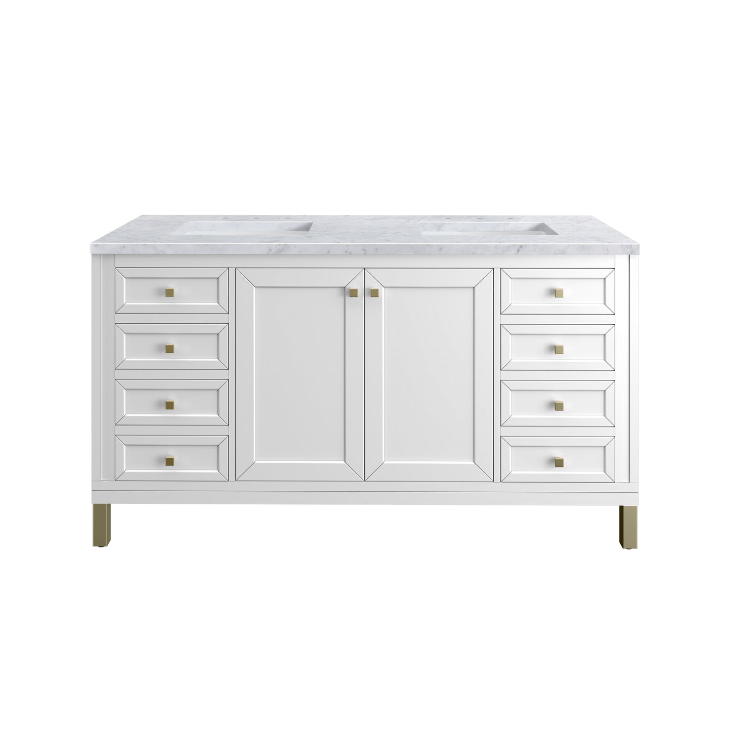 James Martin Vanities Chicago 60" Glossy White Double Vanity With 3 cm Carrara Marble Top
