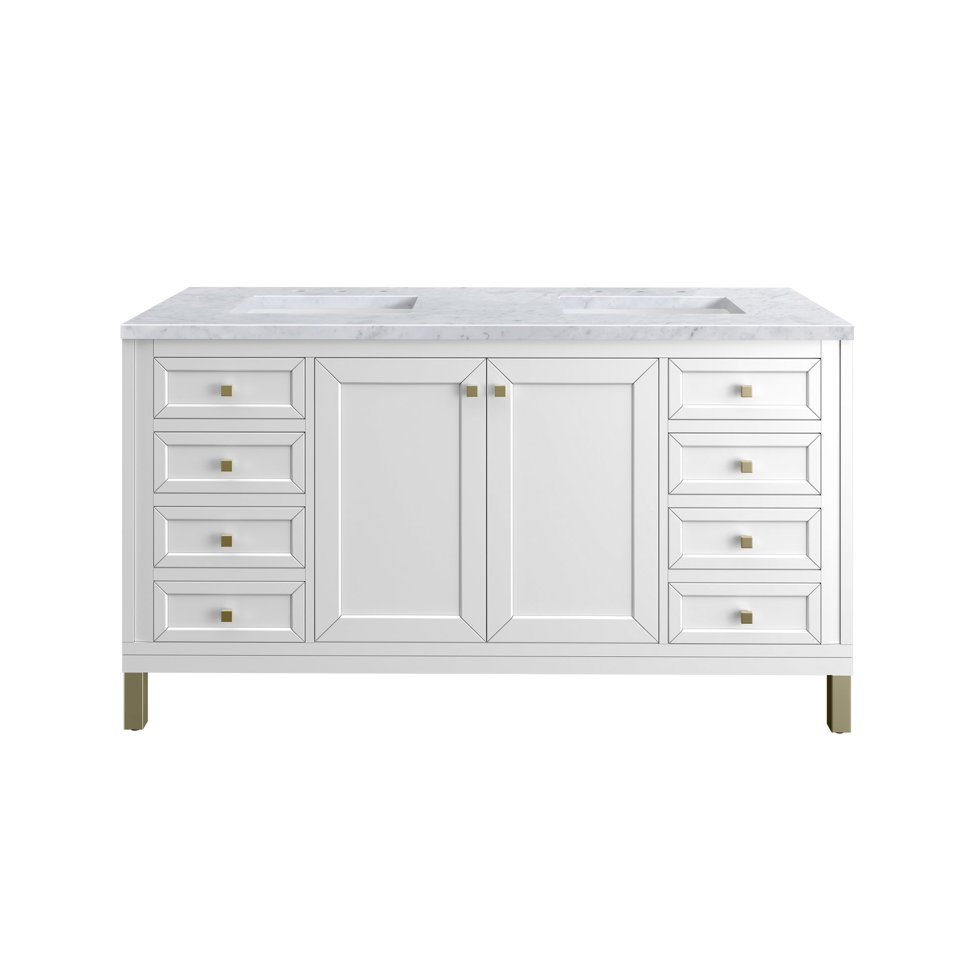 James Martin Vanities Chicago 60" Glossy White Double Vanity With 3 cm Carrara Marble Top