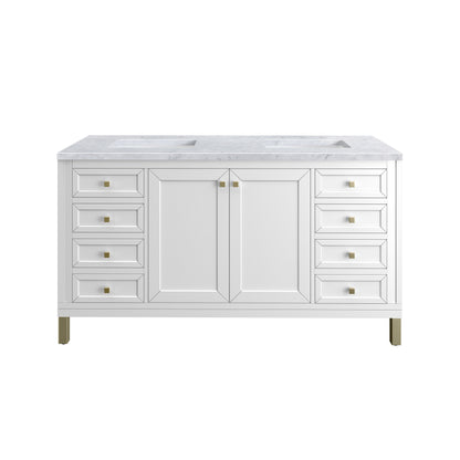 James Martin Vanities Chicago 60" Glossy White Double Vanity With 3 cm Carrara Marble Top
