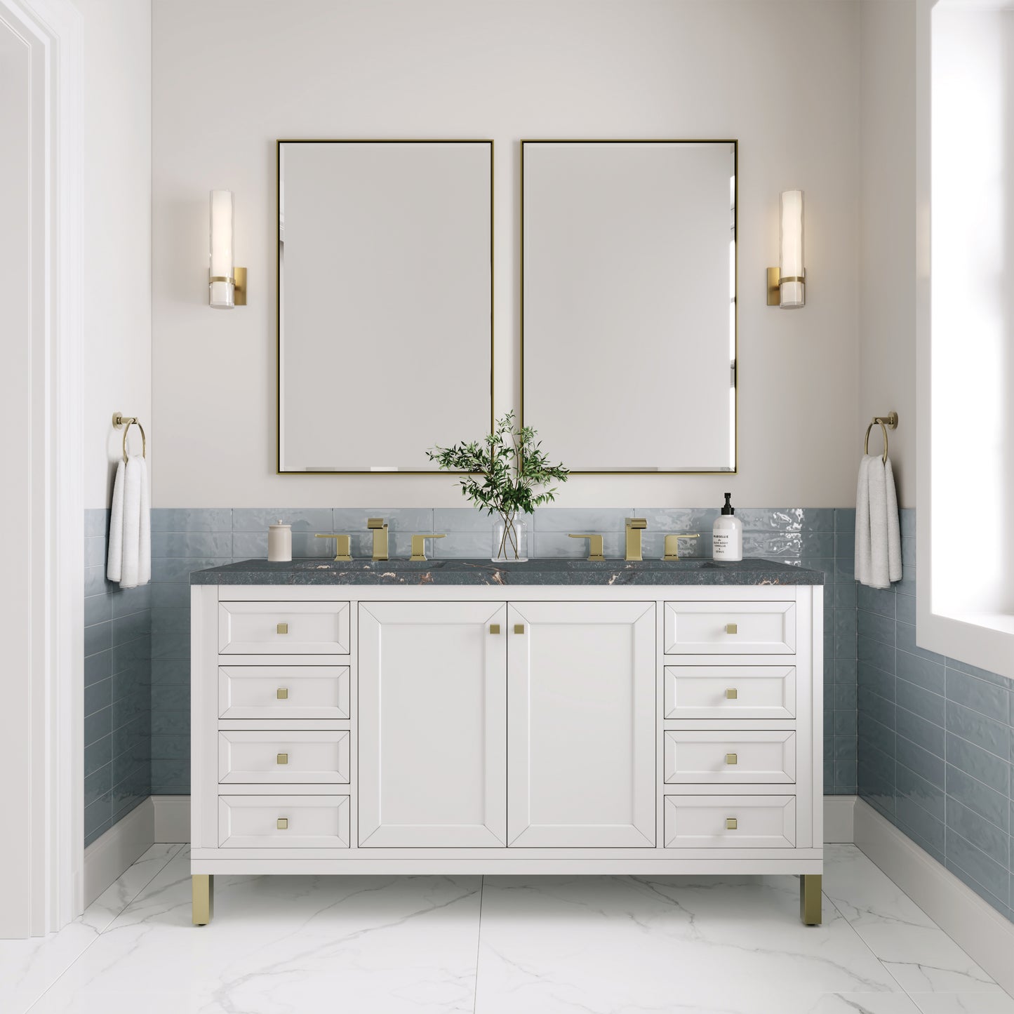 James Martin Vanities Chicago 60" Glossy White Double Vanity With 3 cm Parisien Bleu Silestone Top