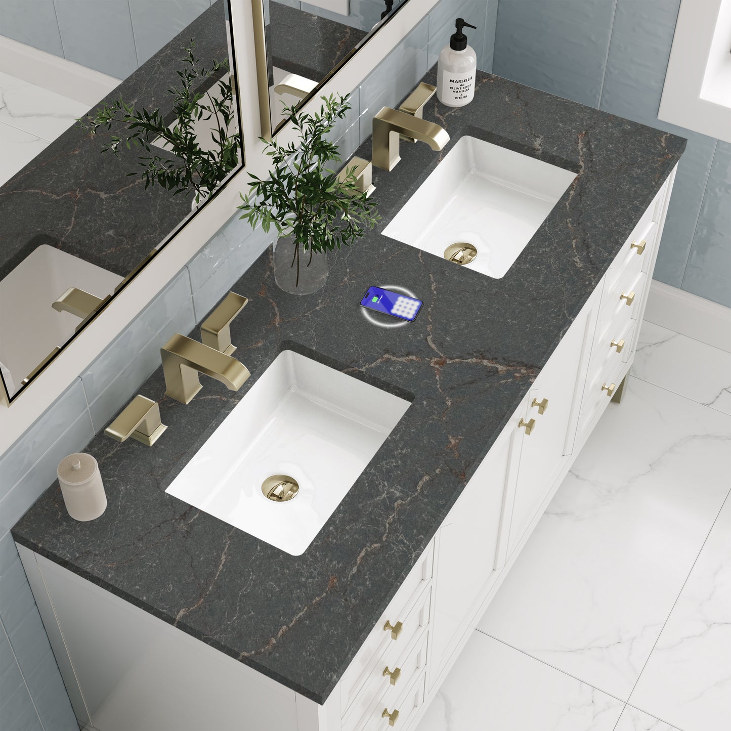 James Martin Vanities Chicago 60" Glossy White Double Vanity With 3 cm Parisien Bleu Silestone Top and FreePower Wireless Charger